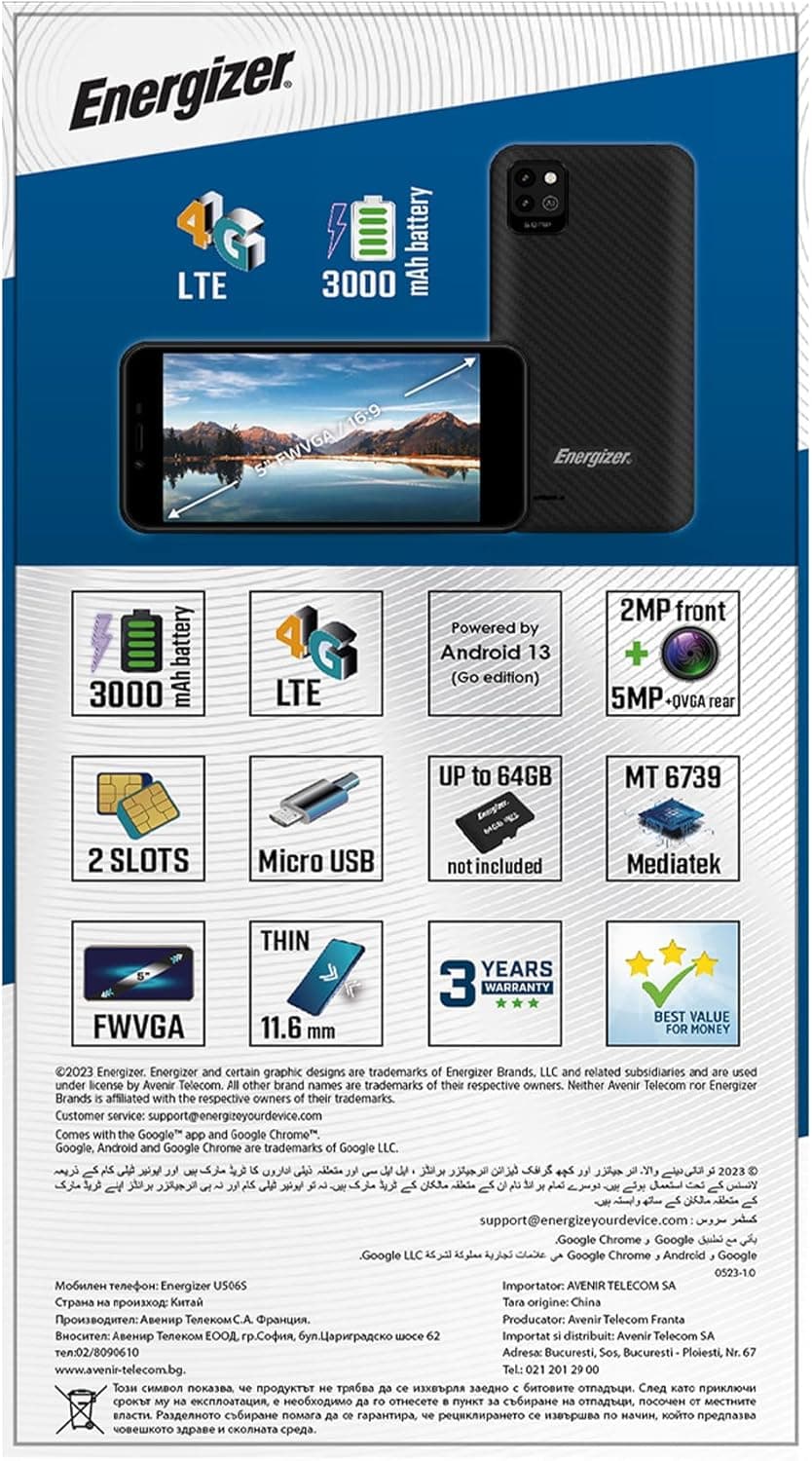 Energizer - Smartphone U506S - Pas Cher Débloqué 2GB RAM / 32GB ROM - Ecran 5" - 3000 mah Batterie - Caméra 5MP+QVGA arrière / 2MP Avant - Android 13 GO - Noir - Double SIM