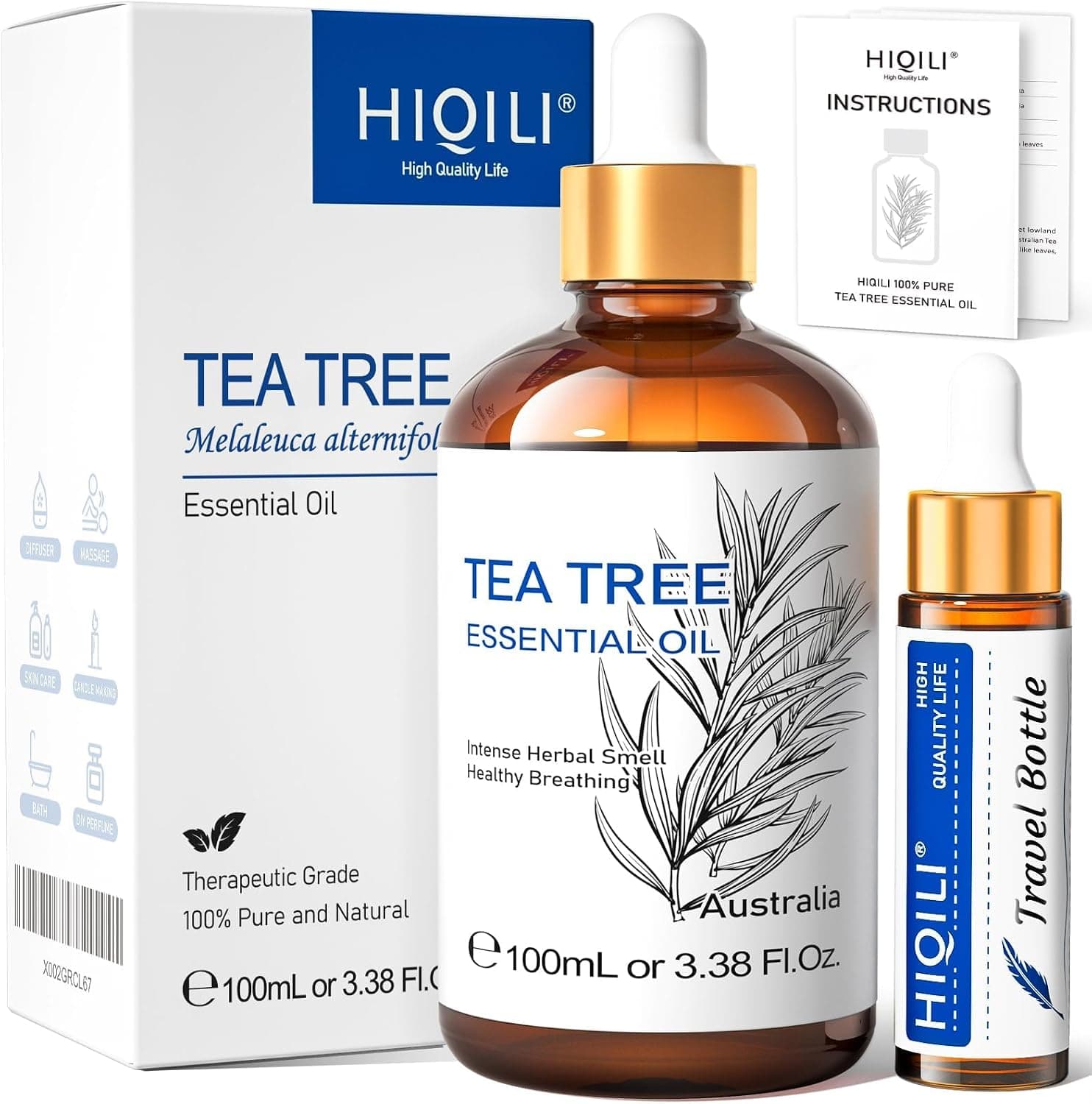 HIQILI Huile Essentielle Tea Tree, pour Peau, Cheveux, Ongles des Orteils