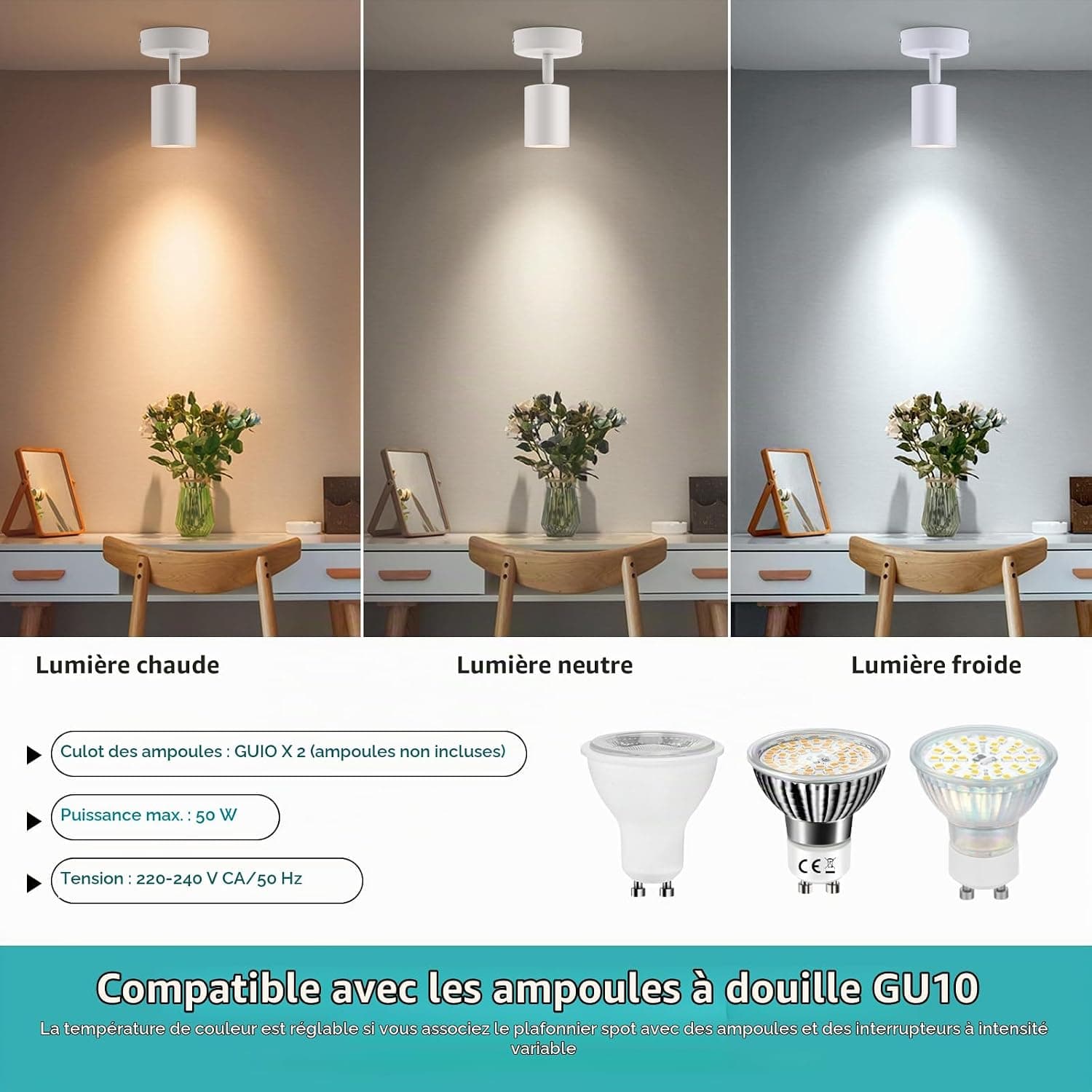 wowatt 2 pcs Spot Interieur Plafond Blanc Gu10 Lampe Orientable San Ampoule | Applique Spots Pivotant, Luminaire Plafonnier Moderne, Éclairage de Plafond pour Chambre Salon Salle à Manger Cuisine Couloir
