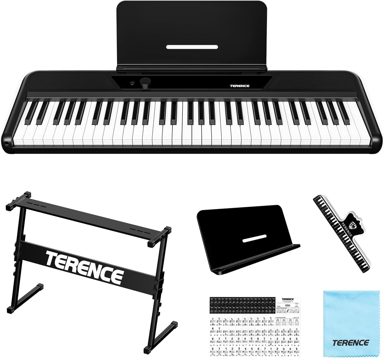 TERENCE Piano Électrique 61 Touches Portable – Clavier Numérique avec Support Touches Sensibles 128 Sons MIDI Idéal pour Enfant & Adulte Instrument de Musique Polyvalent