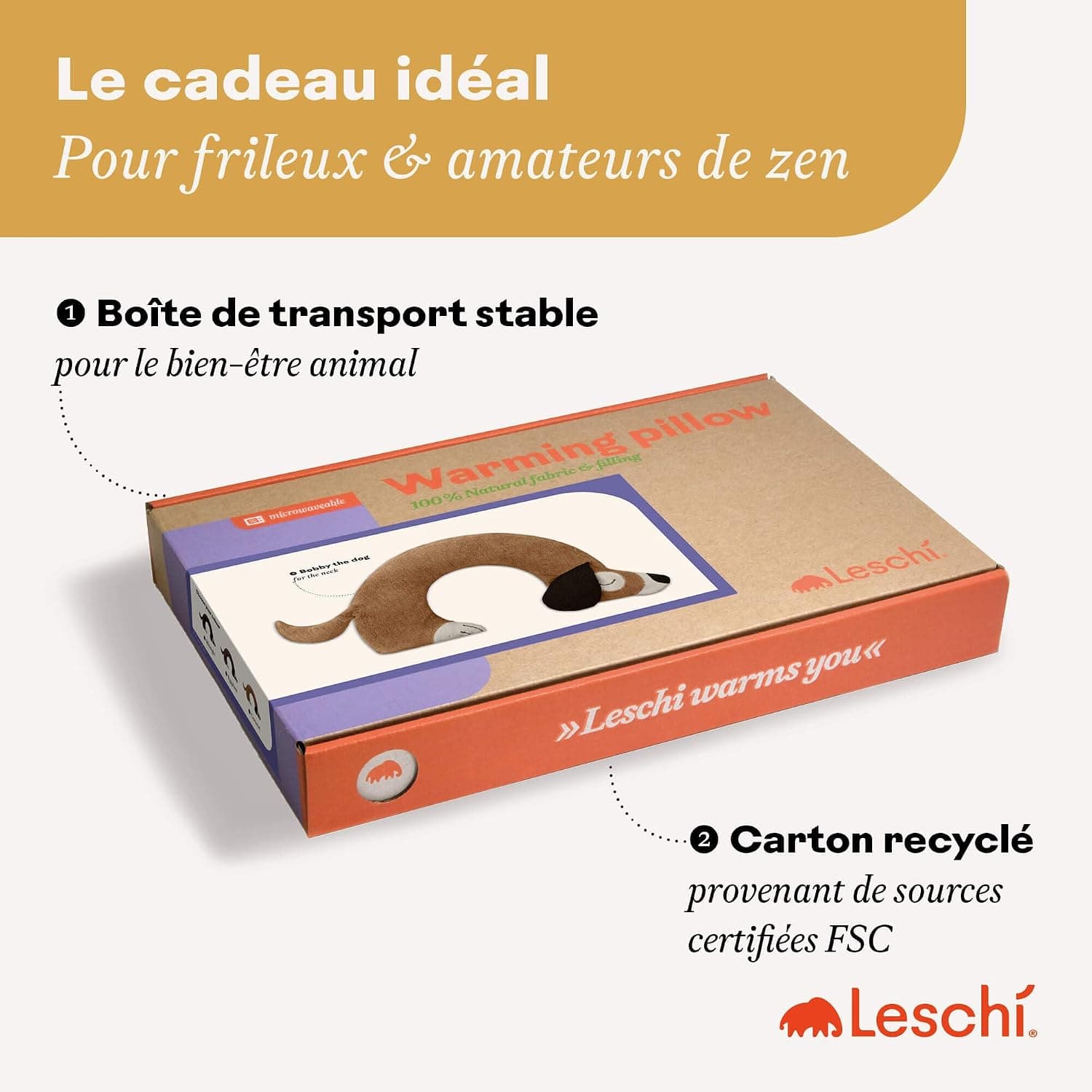 LESCHI Coussin chauffant micro ondes en coton 100% bio, Chien brun doré, Bouillotte graines de blé 100% bio, Bouillotte micro-ondes idéale pour réchauffer cervicale, épaules, cou, nuque