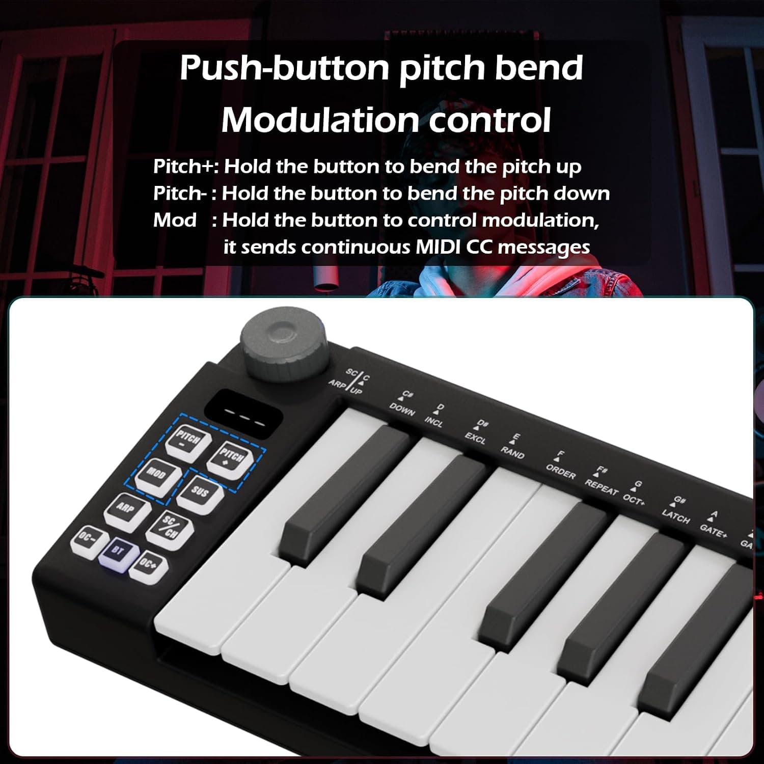 M-VAVE Mini clavier 25 touches - Beat maker professionnel et Keytar pour la production musicale au clavier Batterie intégrée Wireless Connect, Mini no PADS, Noir