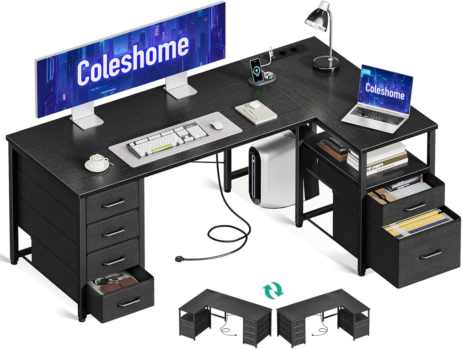 Coleshome Bureau d'angle avec Tiroirs en Tissu, 140x80cm, Noir