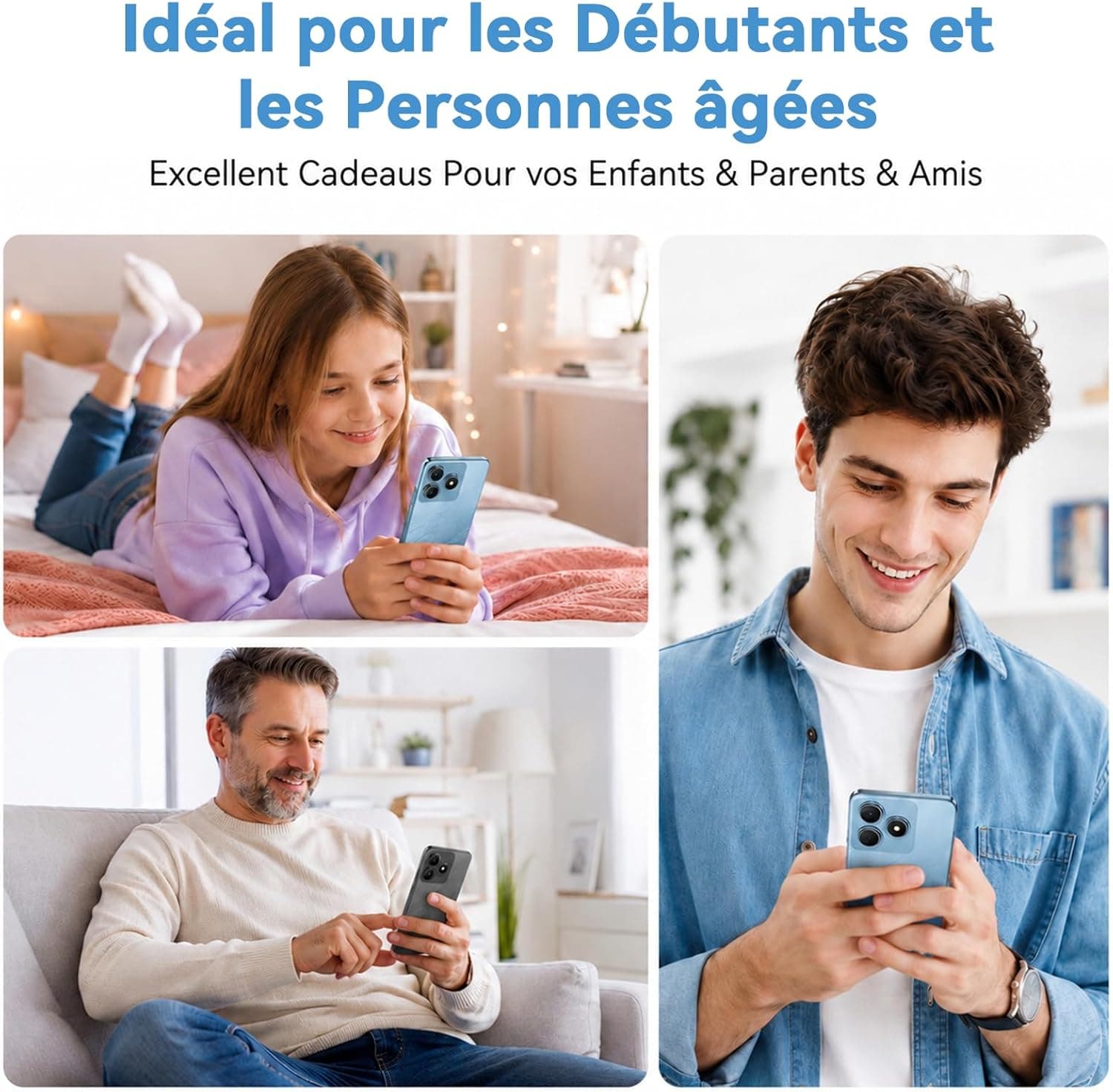 Telephone Portable Android, 6Go+64Go/TF 2To, Octa Core, Écran 6.56" HD+, Batterie 5000mAh Smartphone, 13MP+8MP, Smartphone Pas Cher 4G Dual SIM, Face ID/GPS/3Ans De Garantie - Bleu