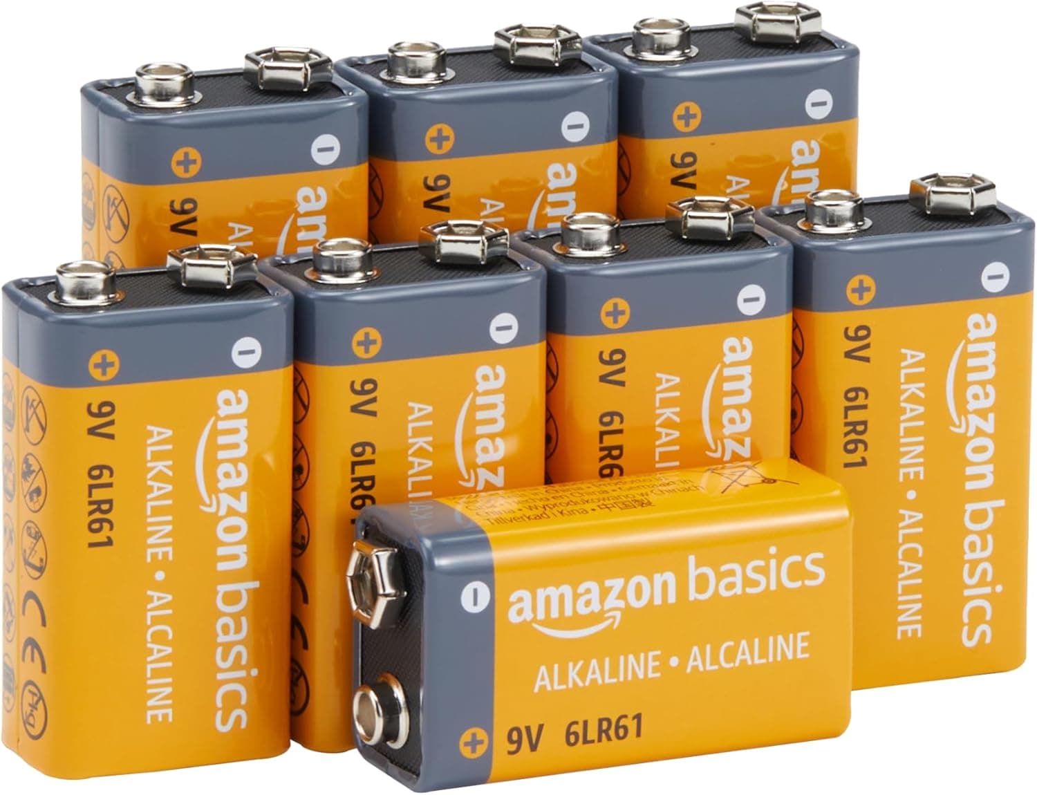 Amazon Basics Lot de 8 Piles alcalines 9 V, 9V/6LR61, durée de Conservation de 5 Ans, pour détecteur de fumée/CO, électroniques et Audio