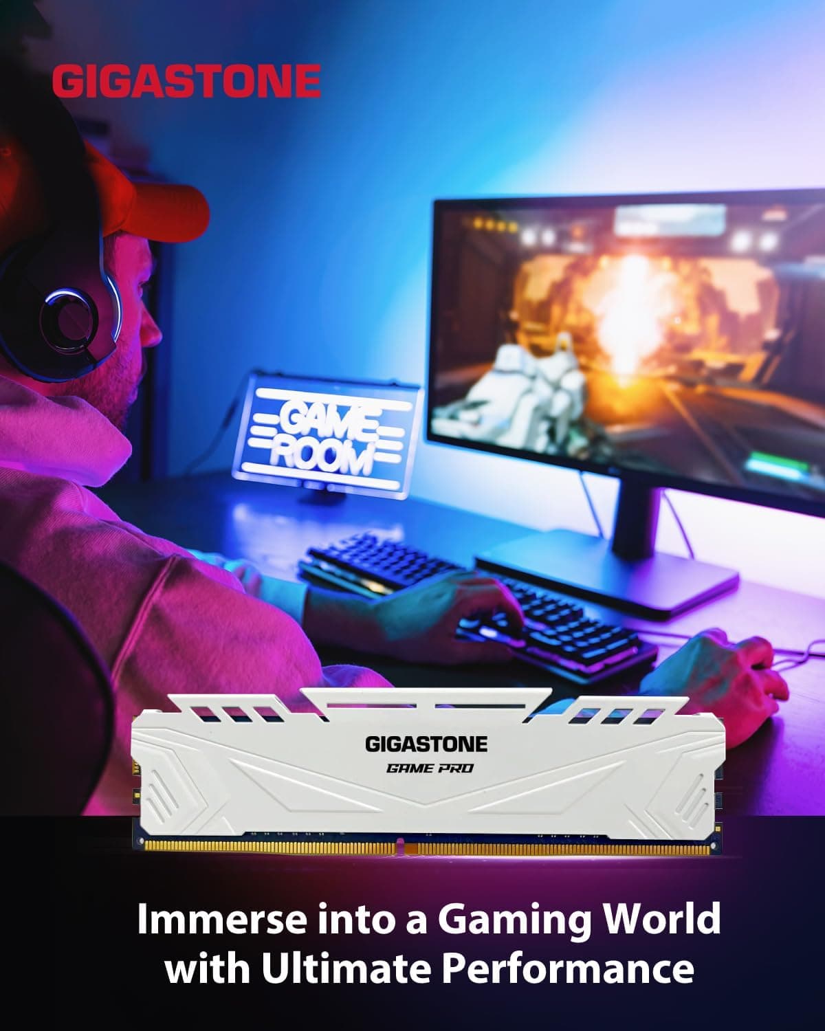 【DDR4 RAM】 GIGASTONE Game Pro 32Go Kit(2x16Go) DDR4 3200MHz PC4-25600 CL 16-18-18-40 Intel XMP 2.0 AMD Ryzen 1.35V UDIMM 288pin UnbuffeRouge Non ECC Mémoire Haute Performance pour PC Bureau-Blanc