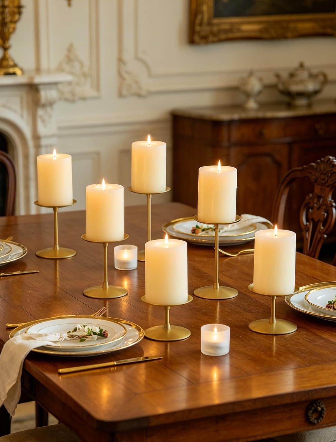 Romadedi Bougeoir Doré pour Bougies Pilier - Lot de 6 Bougeoirs Métal Moderne Décoration Centre de Table pour Mariage Noël L’Avent pour la Maison Salon Table Salle à Manger