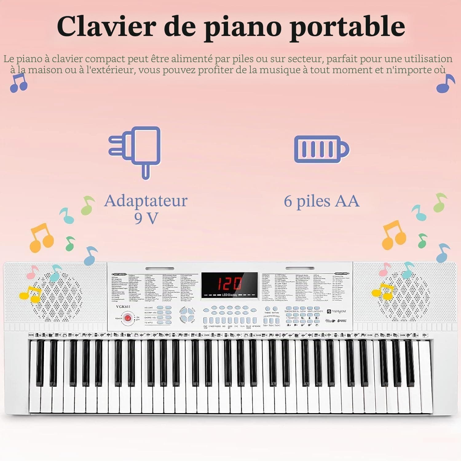 Vangoa Clavier de Piano 61 Lumineuses Mini touches Clavier électronique Piano avec microphone, 3 modes d'enseignement, 350 sons, 350 rythmes, 30 démos, Blanc