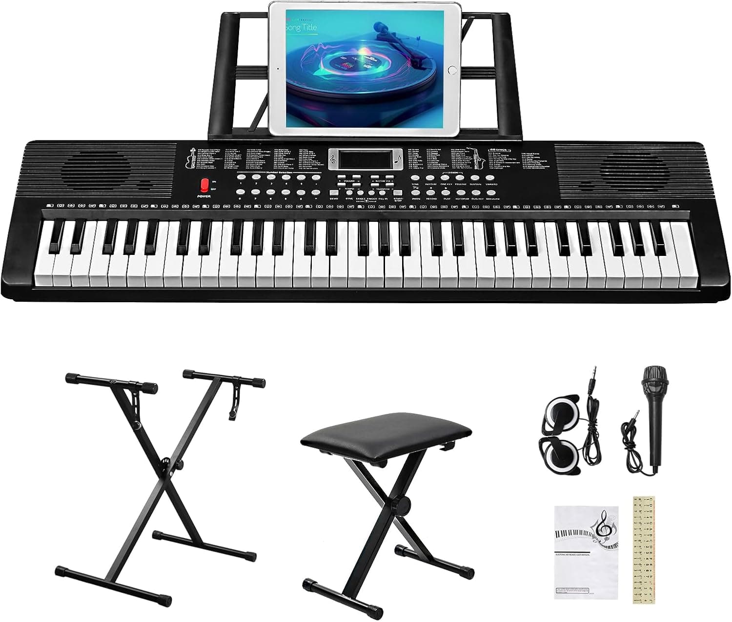 Bonnlo GEP-203 Clavier Piano 61 Touches avec Support & Tabouret de Piano, Haut-Parleurs Intégrés, Casque, Microphone, Pupitre, Écran LED, 3 Modes d'apprentissage pour Piano Débutants, Noir