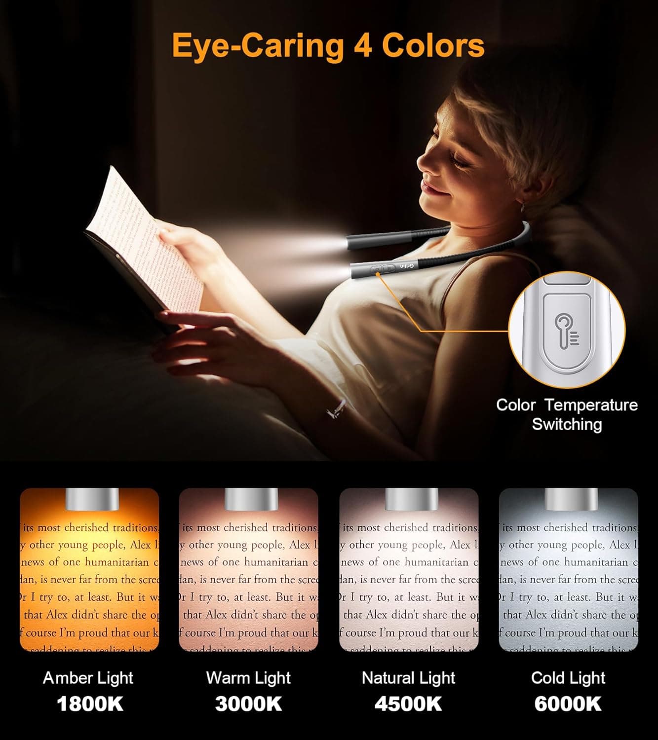 Gritin Lampe de Lecture de Cou Rechargeable au Lit, 4 Couleurs&5 Luminosité