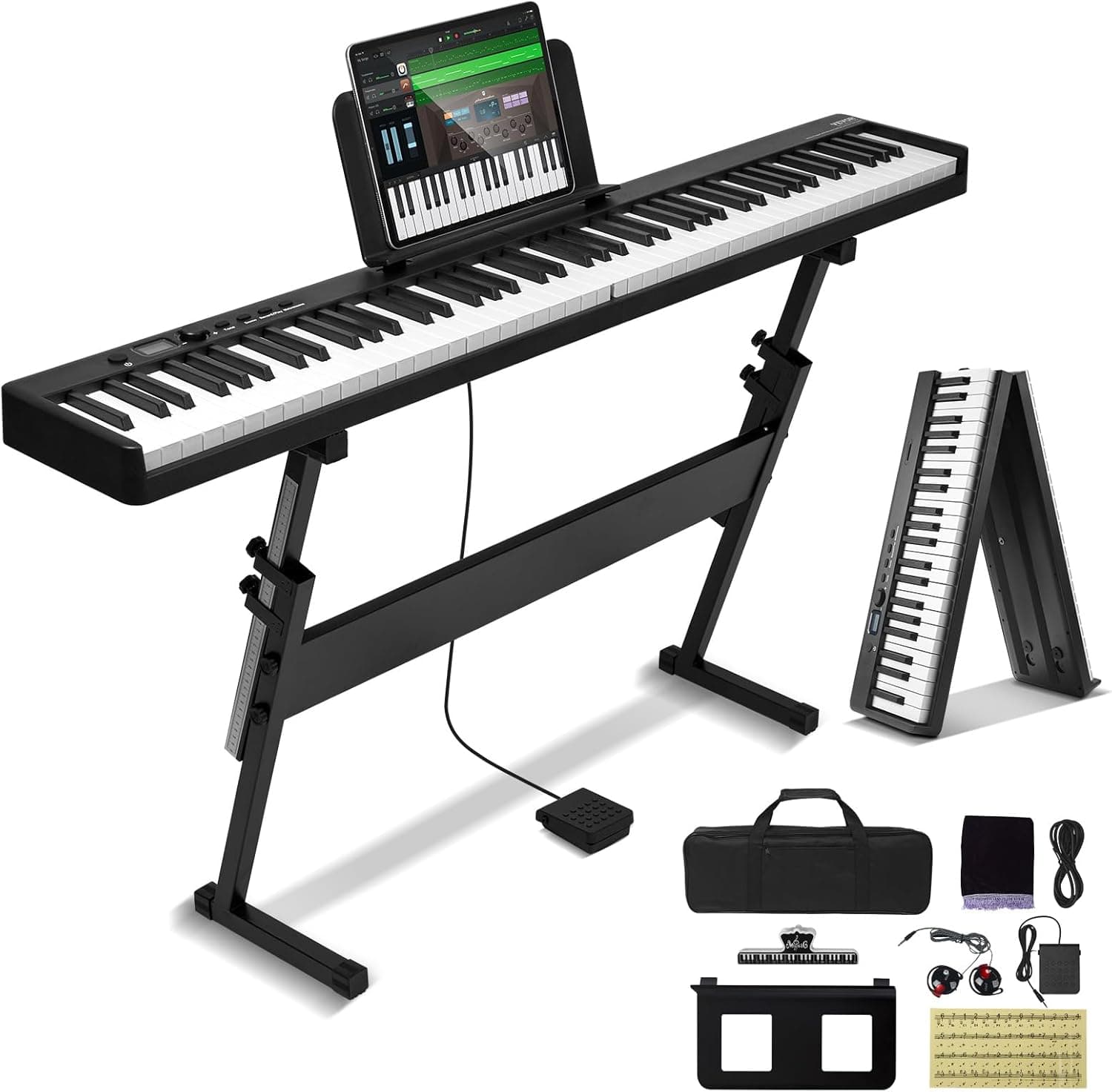 VEVOR Clavier Piano Pliable 88 Touches, Bluetooth et MIDI, Piano Électronique Numérique Portable, Support, Pédale de Sustain, Touches Sensibles, Rechargeable pour Débutants, Adolescents, Adultes, Noir