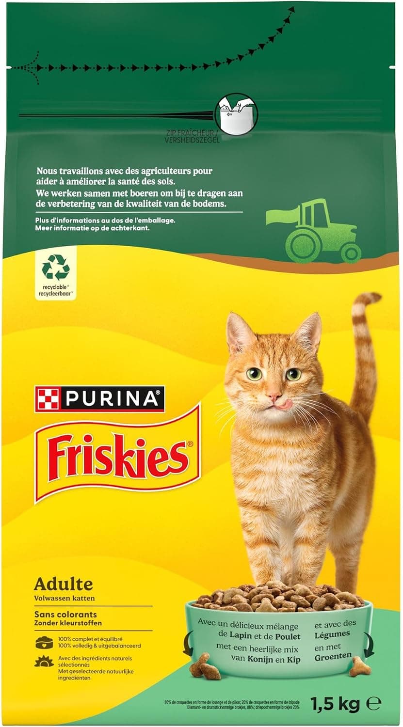 FRISKIES Au Lapin, au Poulet et aux Légumes - 1,5 KG - Croquettes pour Chat Adulte | Croquettes Chat Saveur Lapin, Poulet, Légumes - Alimentation complète enrichie en minéraux essentiels - Santé Chat