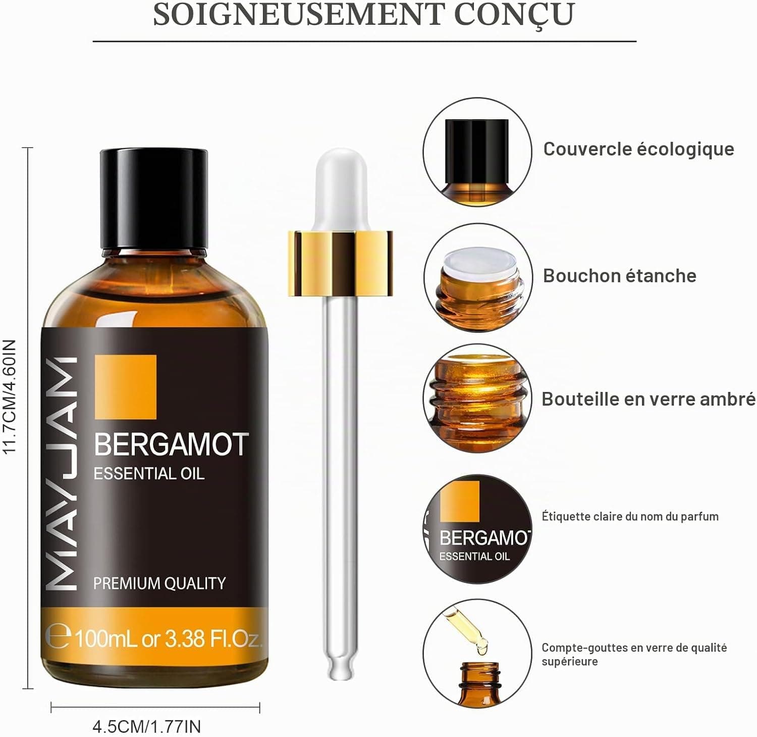 MAYJAM Huile Essentielle de Bergamote 100ML de Haute Qualité pour Diffuseur, Humidificateur, DIY, Home, Wardrobes