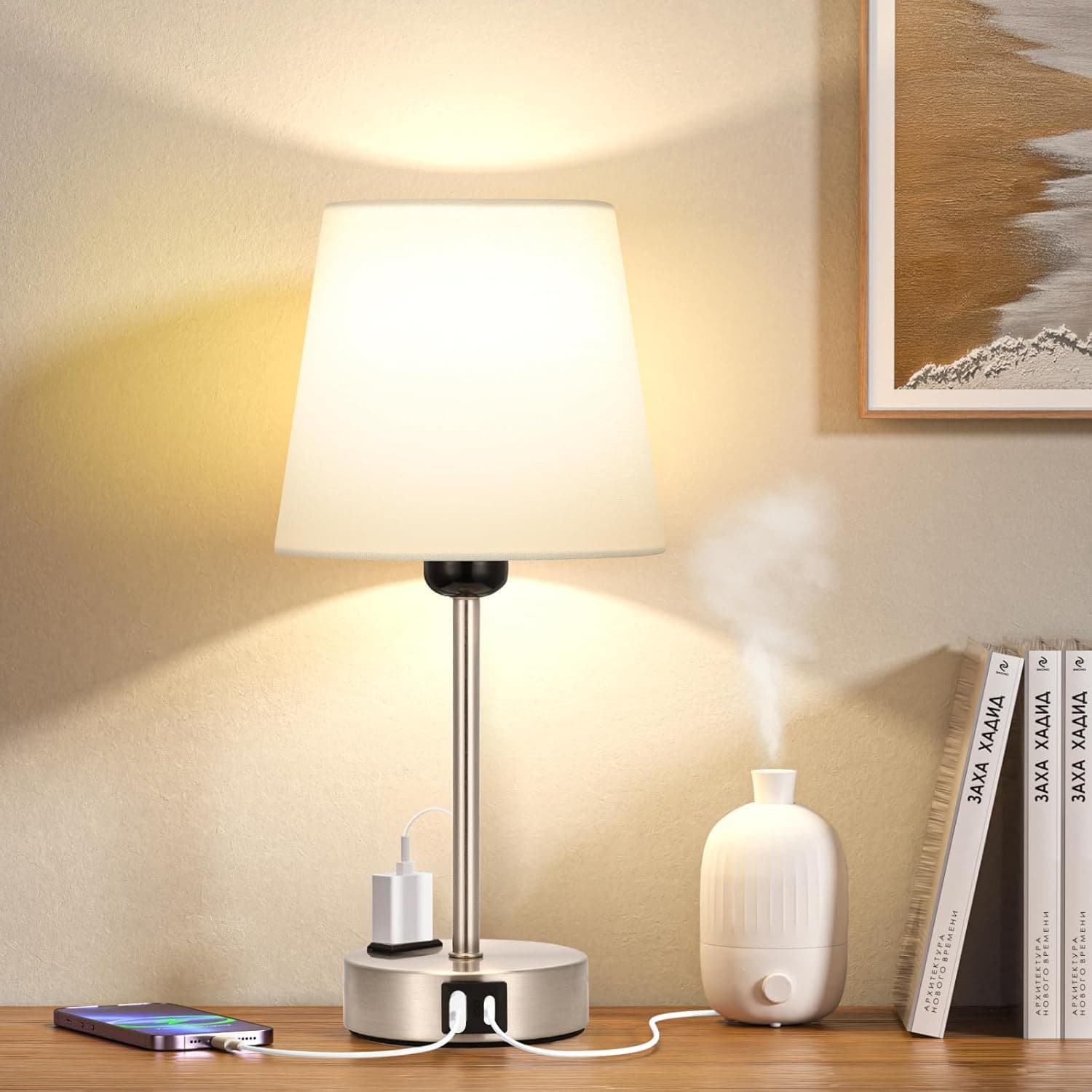Kakanuo Lampe de Chevet Tactile avec Ports USB-A+C+Prise CA 2 Ampoules, 3 Intensité Variable, Abat-jour en Lin Blanc Base Argentée Givrée, Lampes de Table pour Chambre Salon D'enfant Bureau
