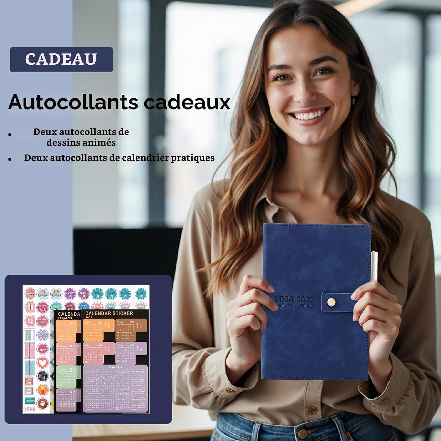 Agenda académique journalier 2026-2027 de juillet 2026 à juin 2027 avec couverture rigide et stylo, marque-page, onglets mensuels, autocollants (bleu)