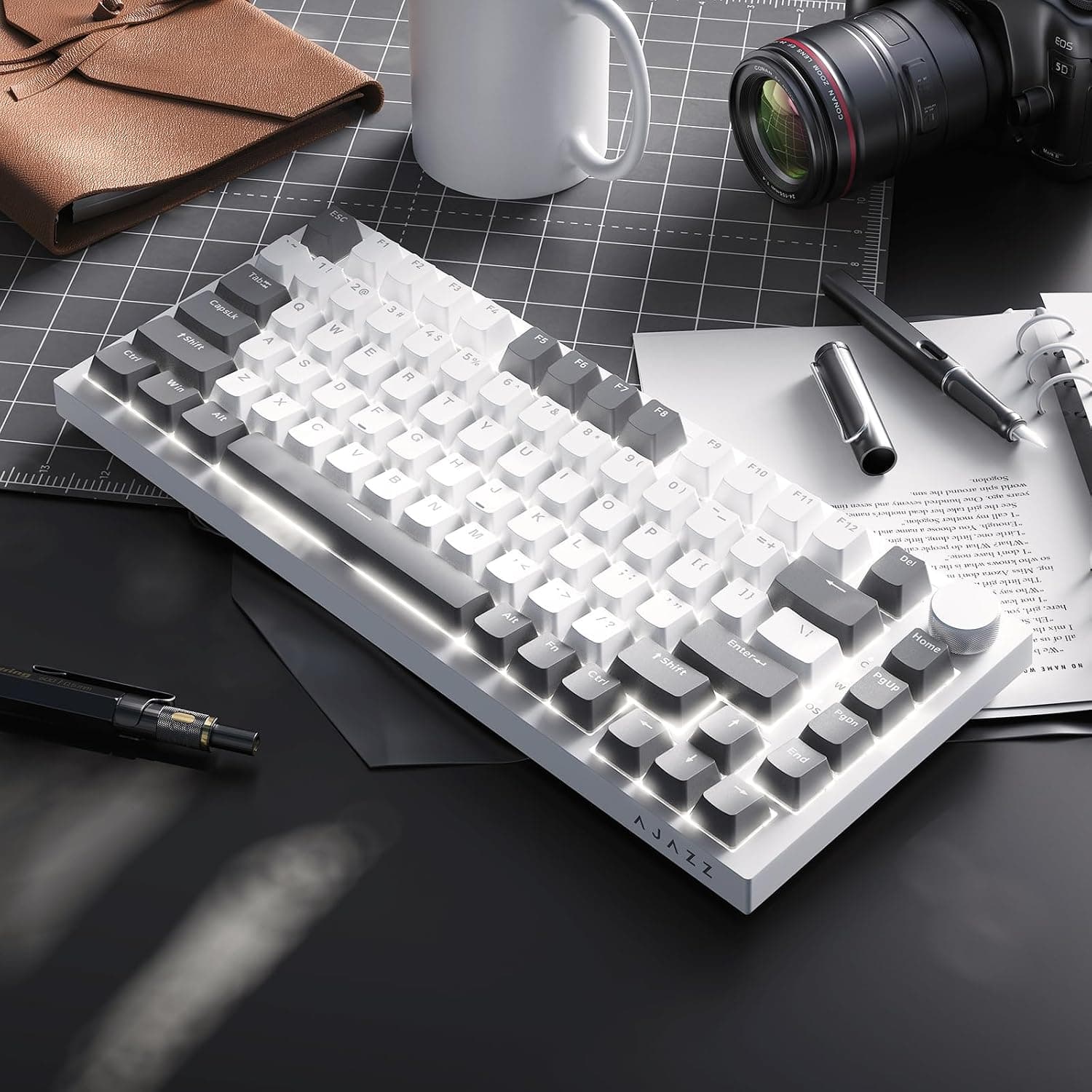 AJAZZ AK820 Mechanical Keyboard, 75% Hot Swappable Wired Volume Control Knob, PBT Keycaps, Five-Layer Sound Insulation Pad, 82-Key Gaming Keyboards, Grey White