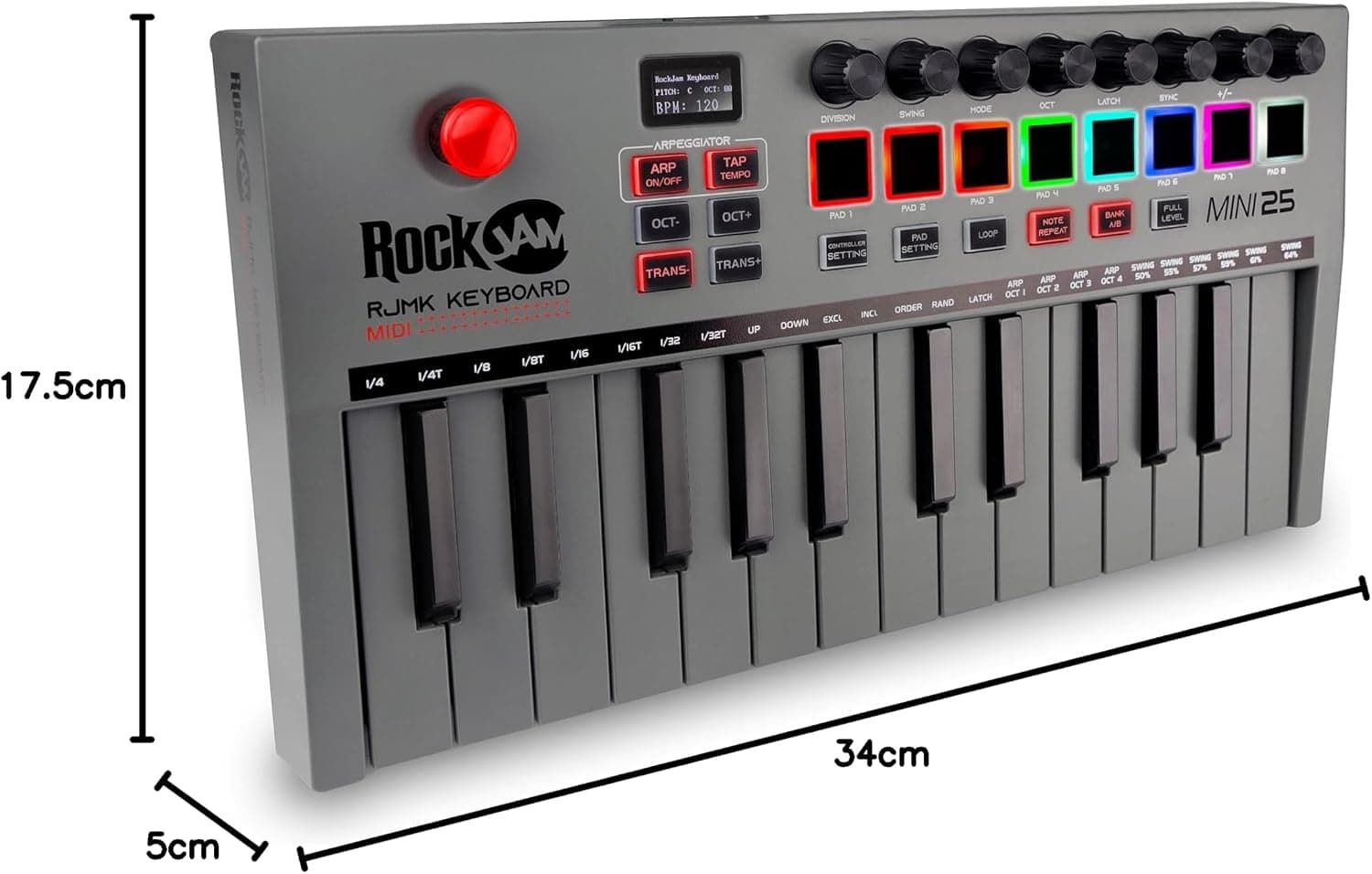 RockJam Go 25 Key USB & Bluetooth MIDI Keyboard Controller With 8 Backlit Drum Pads, 8 Knobs