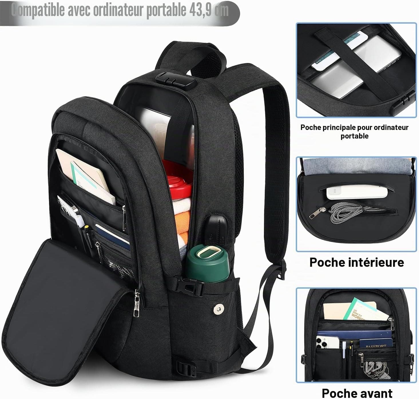 AMBOR 17.3'' Sac à Dos Portable,Sac a Dos Ordinateur avec USB Charging Port | Déperlant Sac a Dos Voyage Cabine, Sac a Dos Antivol Avion pour Homme avec Compartiment, Backpack pour les études les Vol
