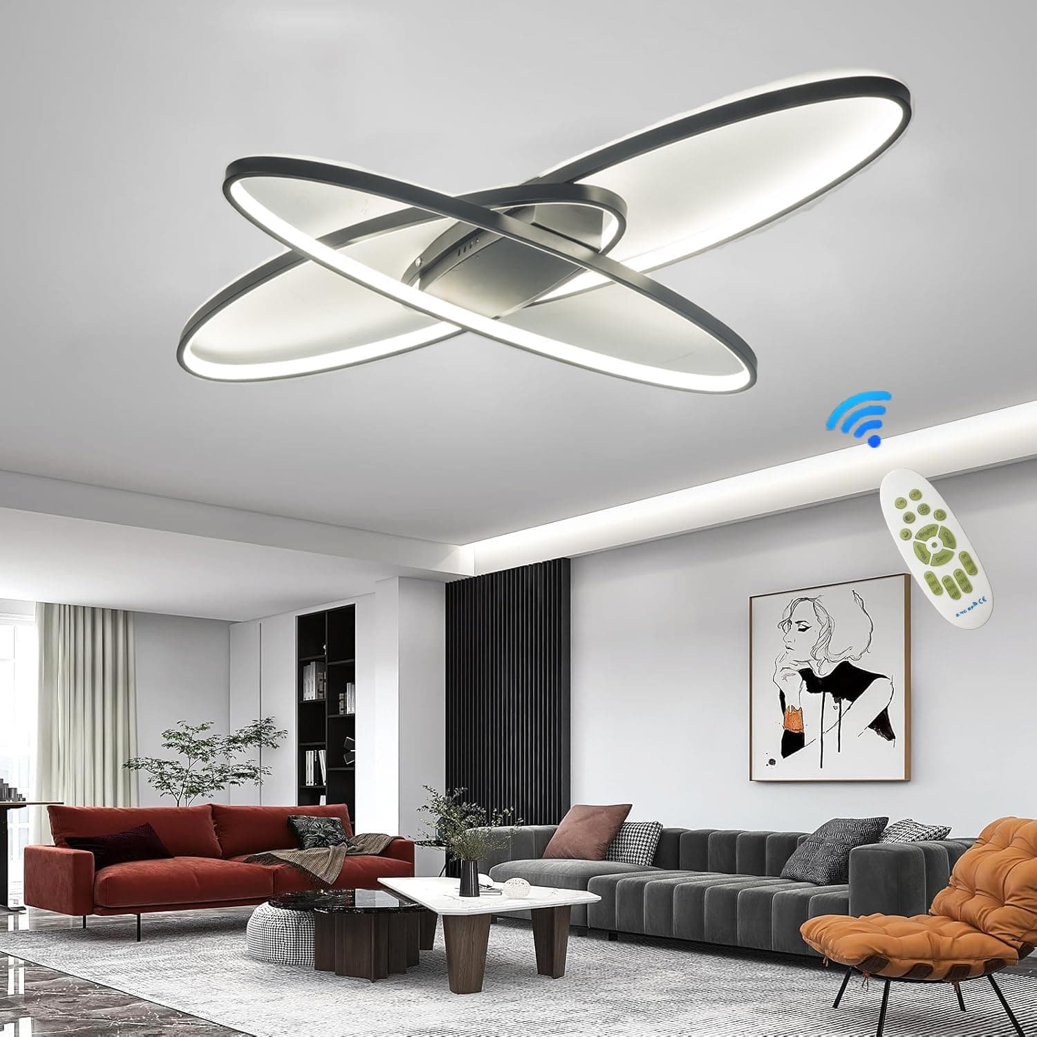 Lustre LED, Luminaire Plafonnier Salon 3000K-6000K, Lampe de Plafond LED Moderne Dimmable avec la télécommande, Applicable à Salon, Cuisine, Chambre (Noir, 95cm)