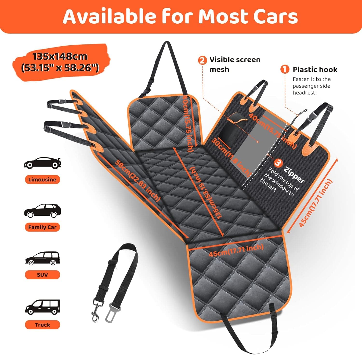 KYG Housse de Siège d'auto pour Chien Banquette Arrière Antidérapant et Imperméable Mise à Niveau Matérielle avec Fenêtre de Visualisation Protection Coffre Universelle Voiture 135X148 cm Noir