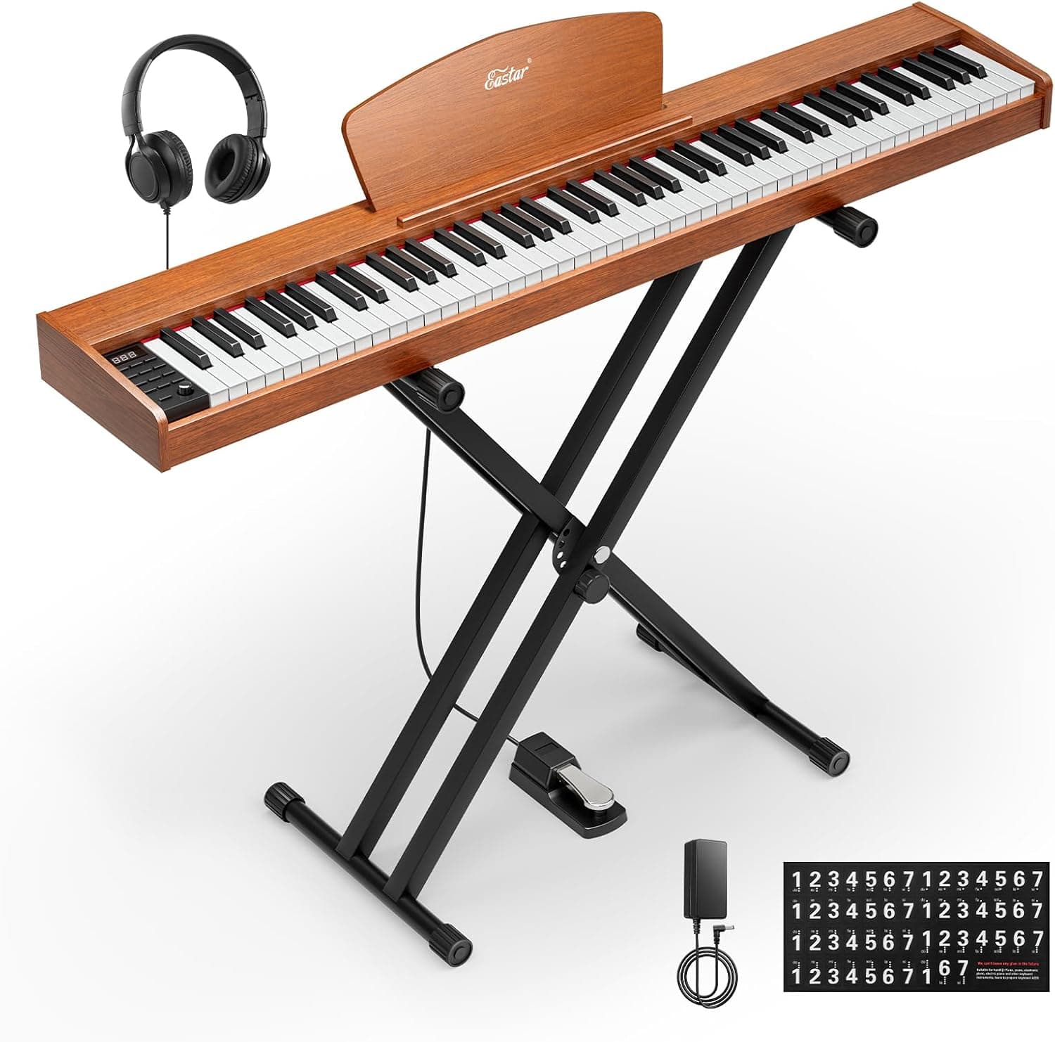 Eastar EP-80 Clavier Piano 88 Touches, Clavier Électrique Pleine Taille avec Touches Sensibles à la Vélocité, Ensemble Piano Numérique Portable pour Débutants avec Support, Pédale et Casque, Marron