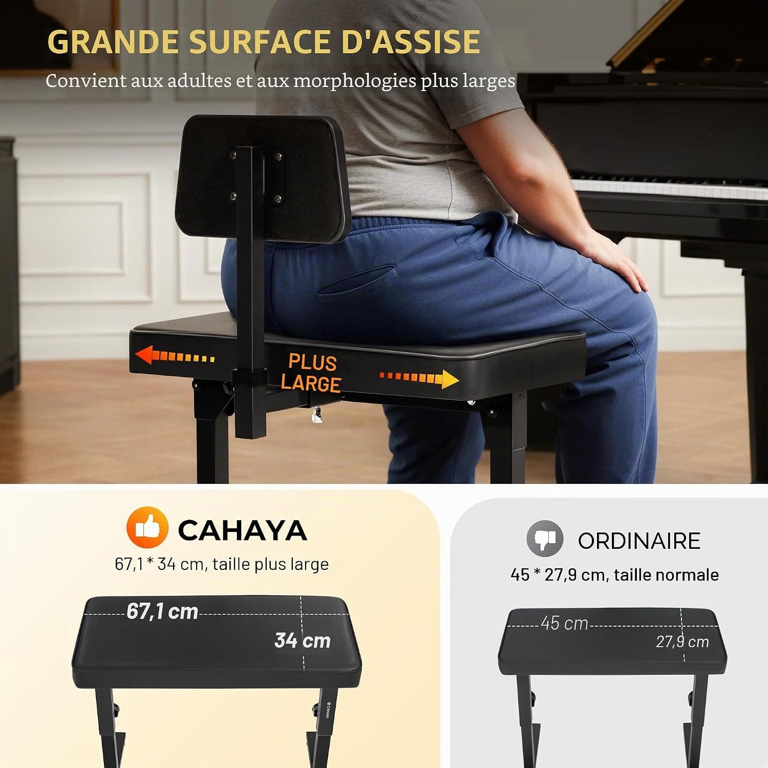 CAHAYA Tabouret Piano Réglable Stable avec Dossier, Charge 200 kg | Confort longue durée, assise large et dossier rembourré, pliable, pour enfants et adultes, piano, clavier, maison et studio