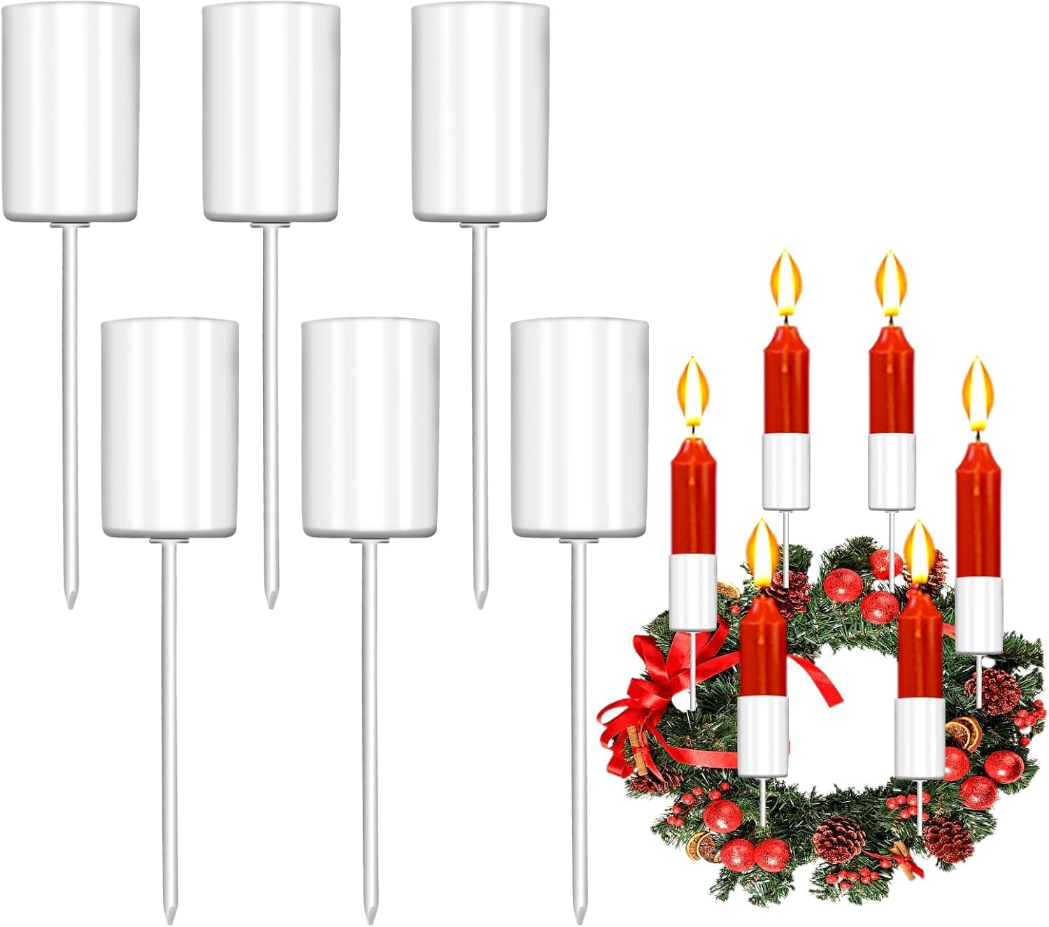 Aitsite Lot de 6 bougeoirs blancs - 2,5 x 11 cm - Couronne de l'Avent - Bougeoirs avec capuchon et pince à épiler pour bougies à tige - Décorations de Noël - Couronnes de l'Avent et décorations de