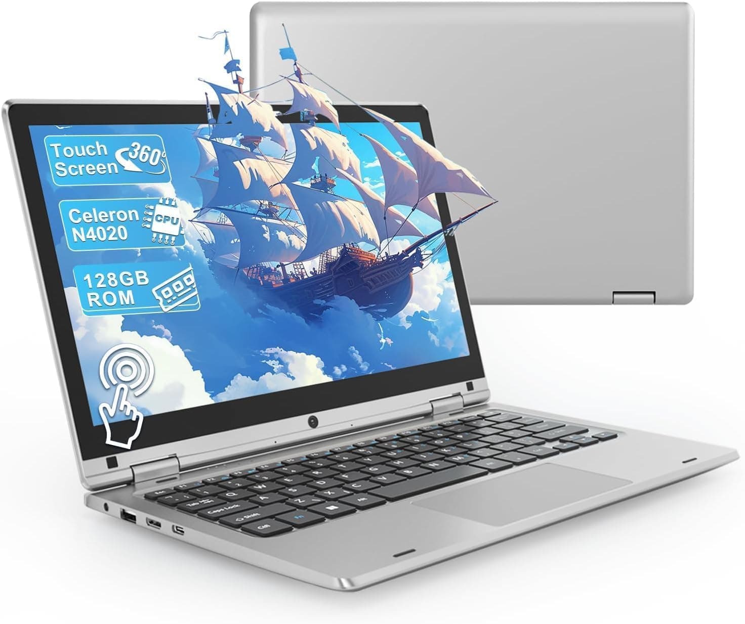PINSTONE 11,6 Pouces Ordinateur Portable - Celeron N4020 6 Go de RAM 128 Go de SSD, Mini PC Portable Tactile Pliable à 360°, 2,4/5 GHz WiFi, Bluetooth 4.2, Mini HDMI, Laptop Extension par SD - Argent