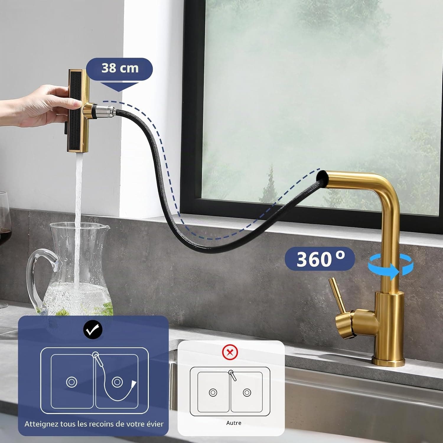 AIMADI Robinet de Cuisine Doré Élégant avec Flexibilité et 3 Jets - Robinet Évier Mitigeur à Poireau Pulvérisateur Extractible (Jet d'Eau, Cascade, Douche)