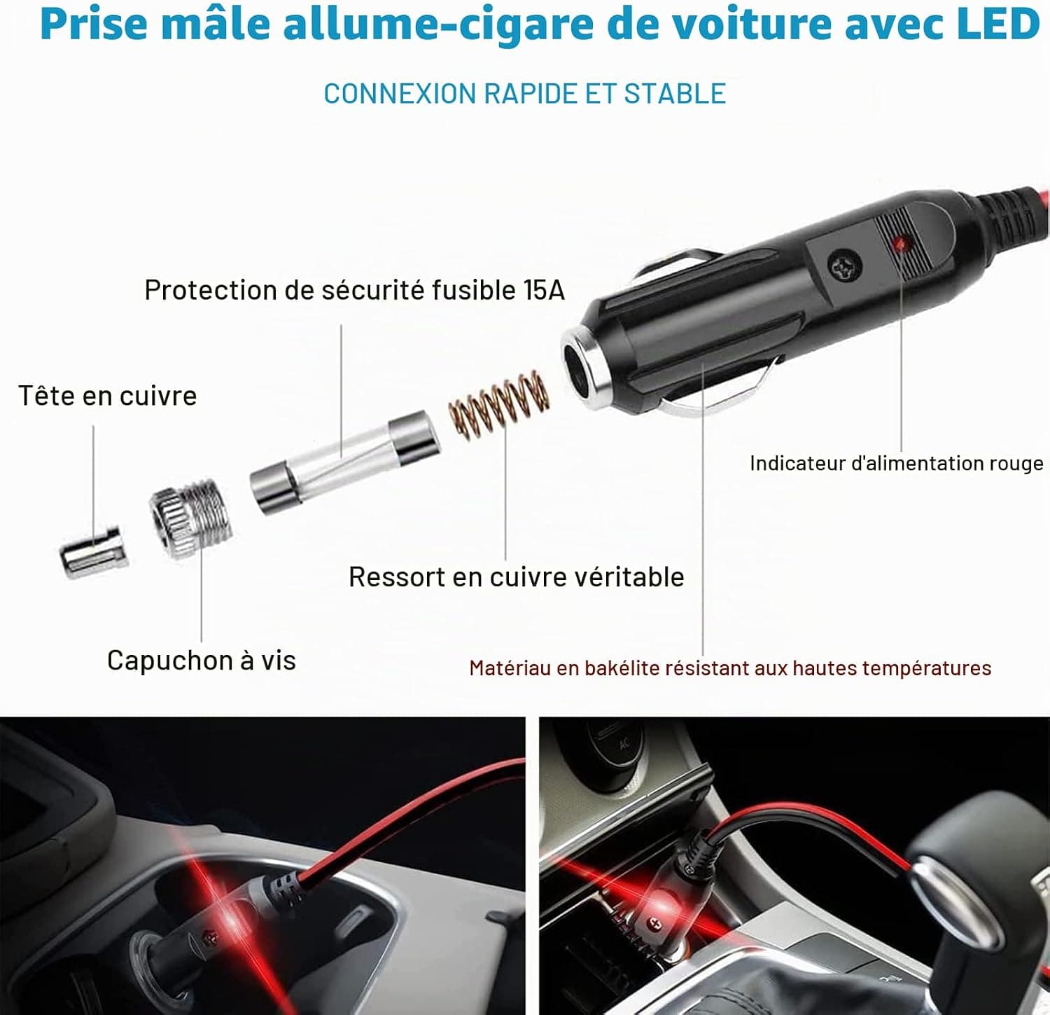 Prise Allume-Cigare Mâle 0,6m-borne à œillet Cordon d'alimentation à ressort 16 AWG Câble robuste fusionné DC Alimentation 12/24 V Prise Pour Onduleur de Voiture Gonfleur de Pneu Pompe à Air
