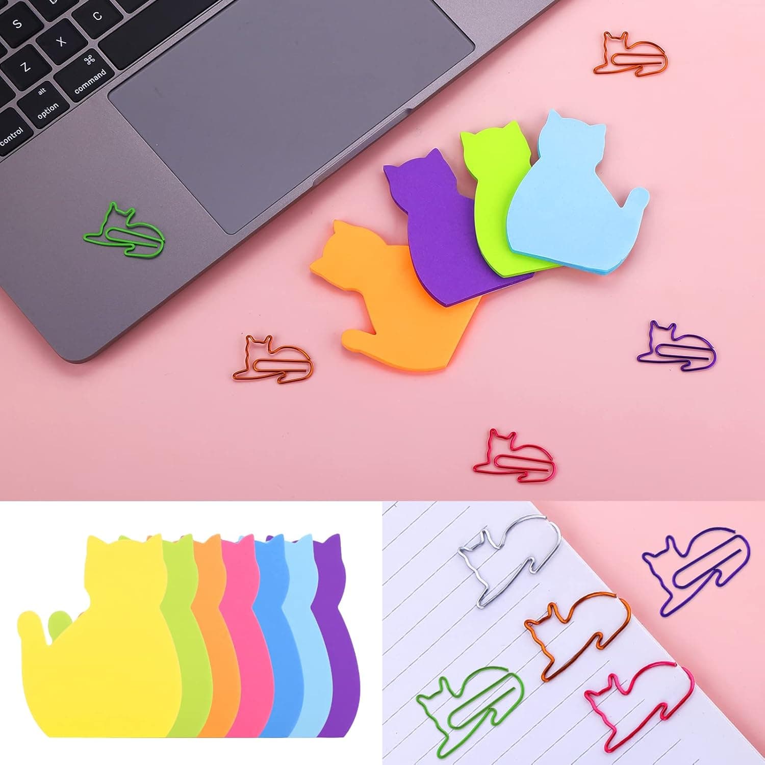 Molain Lot de 7 blocs de notes autocollantes en forme de chat avec trombones, 210 feuilles Multicolore 7 x 5.8 cm