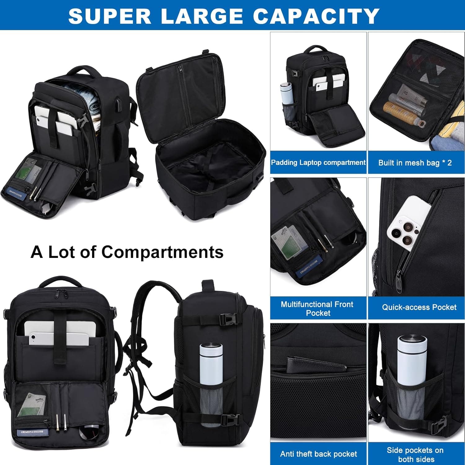 WENIG Bagage Cabine 40x30x20 pour Ryanair Sac à Dos Voyage Cabine Avion pour Wizzair Eurowings 24L Bagage à Main avec USB Charging Port Sac à Dos Ordinateur Portable 14 Pouces Homme Femme Noir
