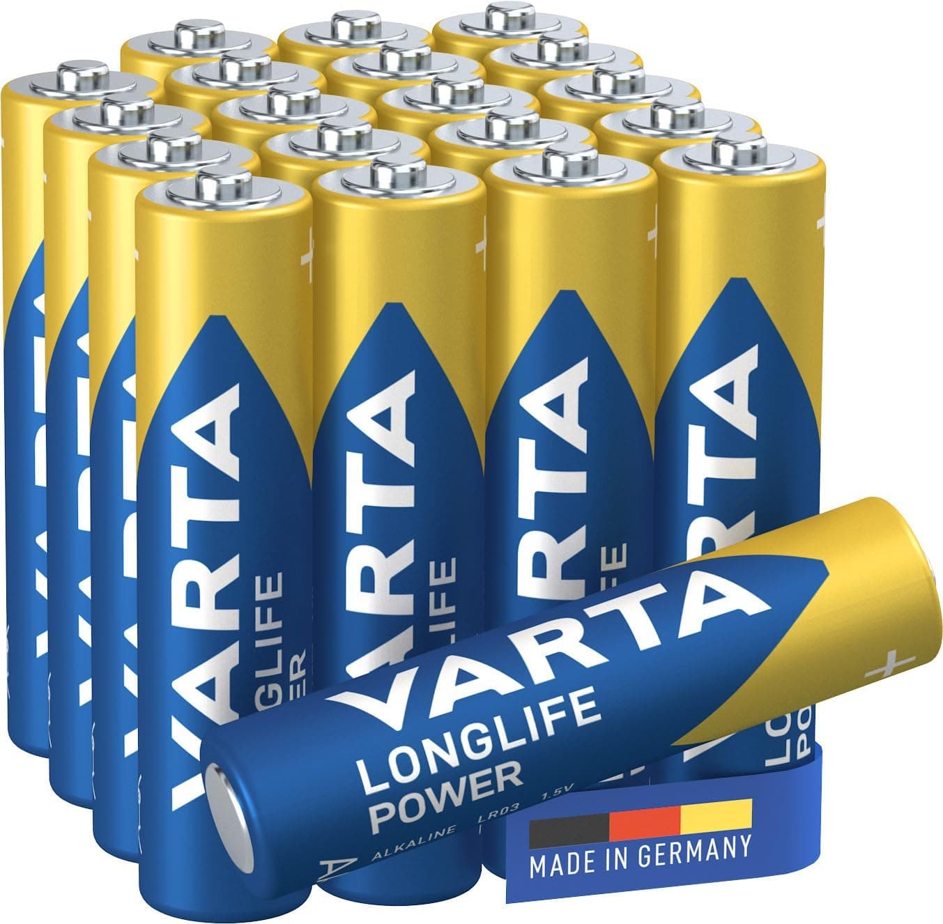 VARTA Piles AAA, 10+10 (lot de 20), Longlife Power, Alcalines, 1,5V, emballage recyclé à 90%, adaptées aux jouets, souris sans fil, lampes de poche, Made in Germany | pile AAA LR03, Made in Germany, conservation jusqu'à 10 ans, pour console de jeux, brosse à dents, souris ou manette