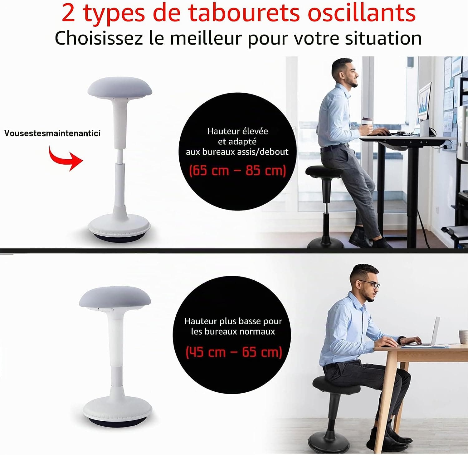 tabouret ergonomique réglable en hauteur pour s'asseoir et se tenir debout (blanc, version 65-85) – Tabouret de bureau oscillant