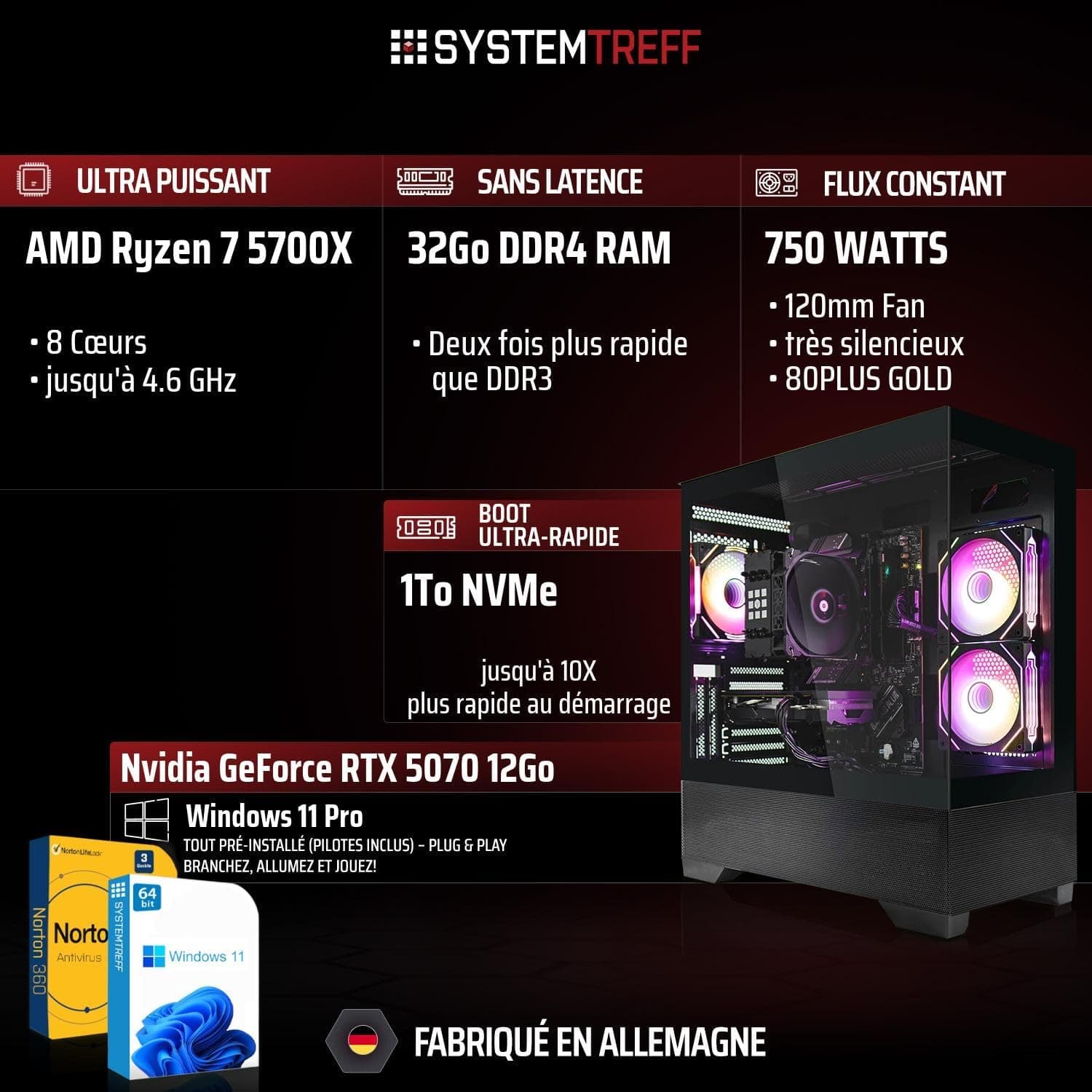 SYSTEMTREFF PC Gamer - AMD Ryzen 7 5700X - RTX 5070 12 Go