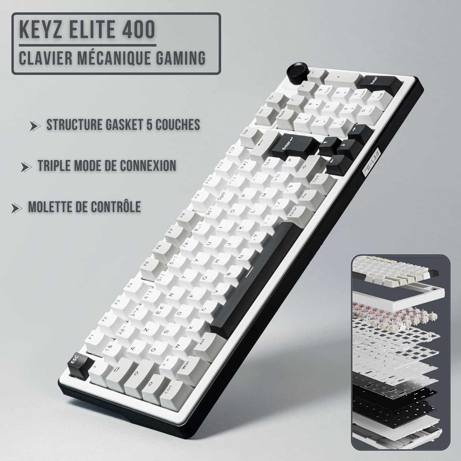 The G-Lab Keyz Elite 400 WG - Clavier Gamer sans Fil Mécanique AZERTY FR | Sans Fil Tri Mode 2.4GHz/Bluetooth/Filaire, Switch Mécanique Hot Swap Pré-lubrifiés, Gasket 5 Couches, RGB