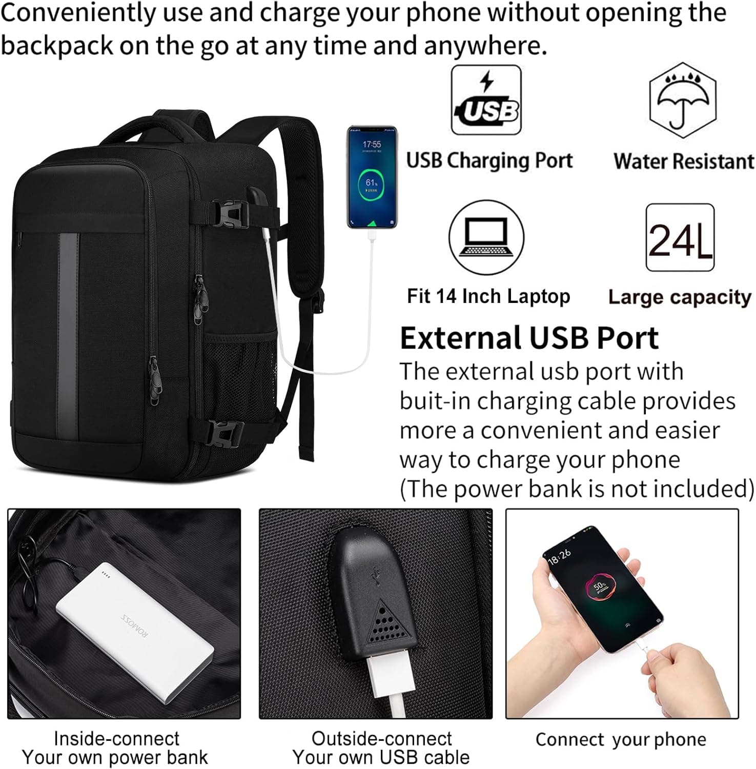 Bagage Cabine 40x30x20 Pour Ryanair Sac a Dos Voyage Cabine Avion pour Wizzair Eurowings 24L Sac 40x30x20 Bagage à Main avec USB Charging Port Sac à Dos Ordinateur Portable 14 Pouces Homme Femme Noir