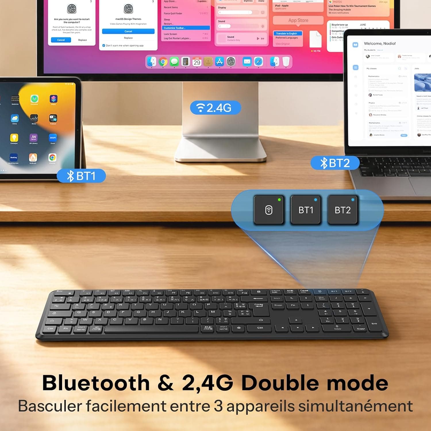 OMOTON Clavier sans Fil Bluetooth + 2.4G AZERTY pour PC/Windows/Mac, Noir | 3 Canaux Multi-appareils, Pleine Taille, Rechargeable USB-C, Ultra-Mince, Silencieux, Les Ciseaux, Ergonomique