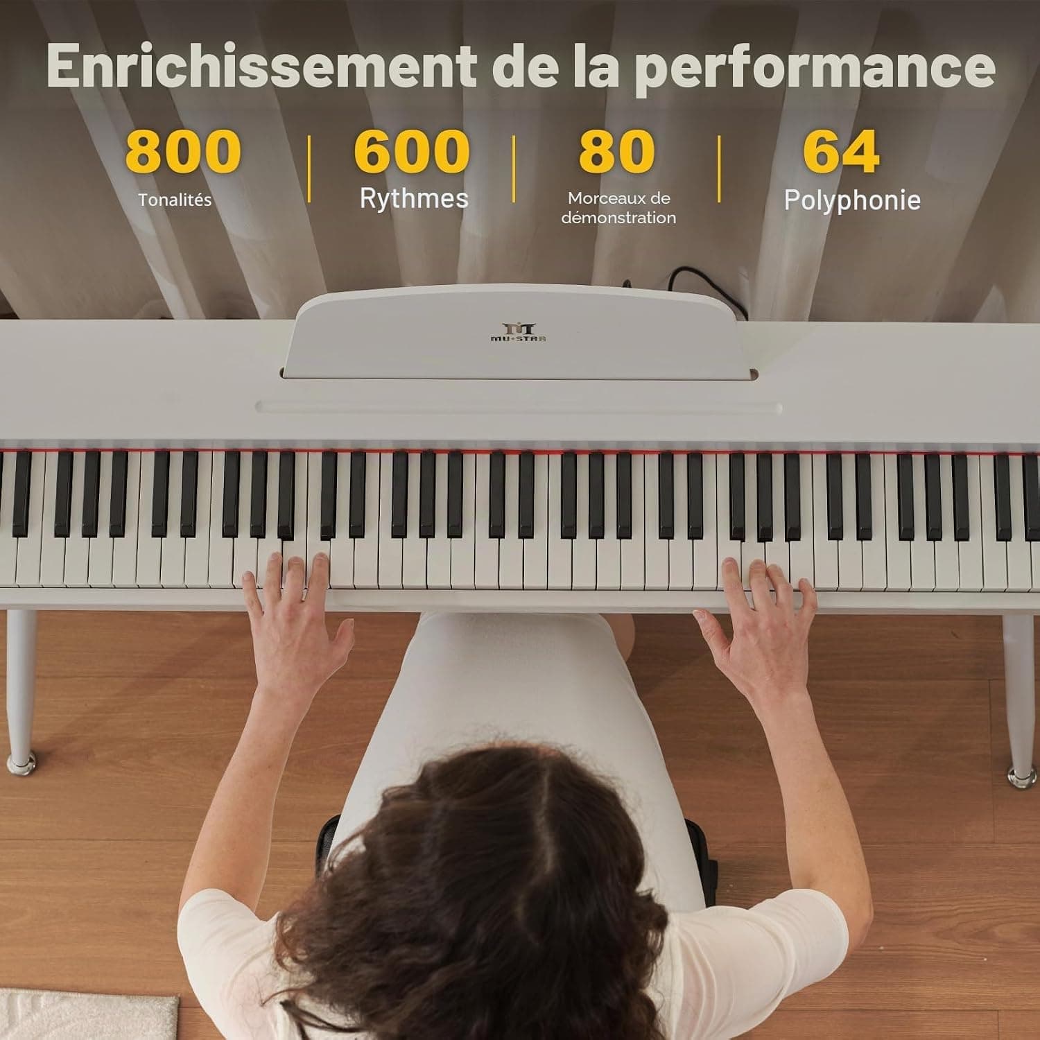 MUSTAR Piano numérique 88 touches pour débutants, clavier piano taille complète avec 3 unités de pédale, piano électrique portable, piano numérique pour la maison avec MIDI-USB et support, blanc
