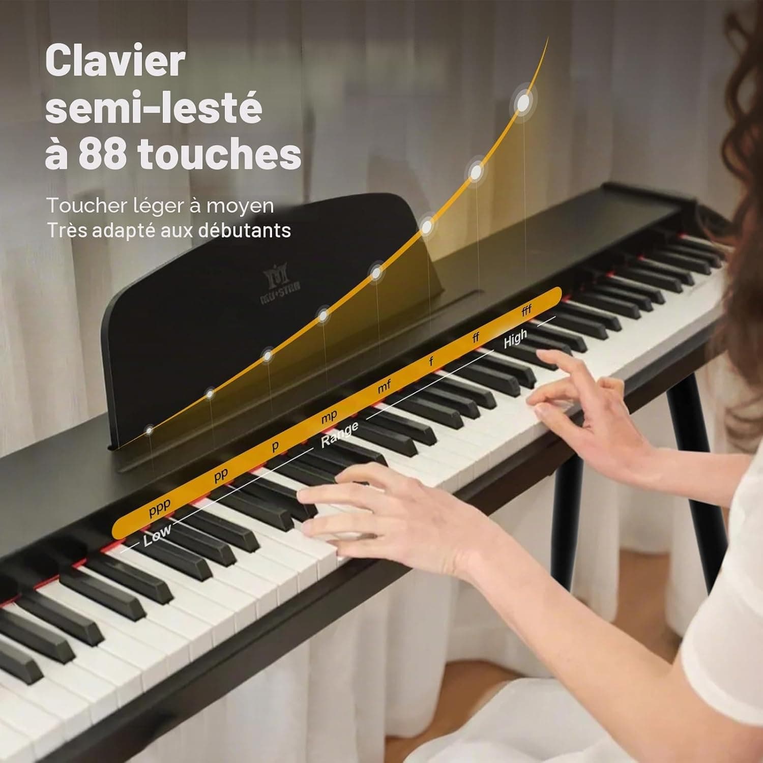 MUSTAR Piano numérique 88 touches pour débutants, clavier piano taille complète avec 3 unités de pédale, piano électrique portable, piano numérique pour la maison avec MIDI-USB et support, Noir