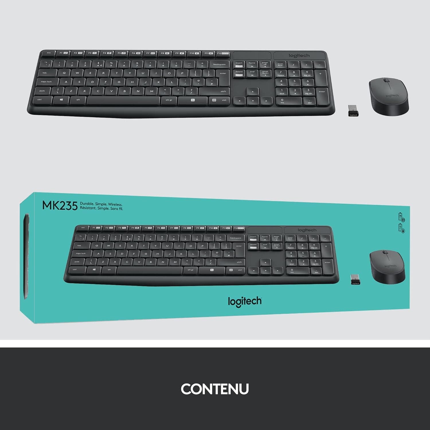 Logitech MK235 Combo Clavier Souris sans Fil pour Windows | Clavier sans Fil, Récepteur USB Unifying 2,4 GHz, 15 Touches, Batterie 3 Ans, PC/Portable, AZERTY Français