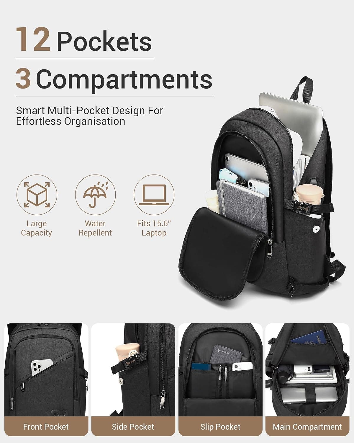 Kono Sac à Dos Ordinateur Portable Antivol avec Cadenas 15,6 Pouces Homme | Port USB, Compartiment PC Rembourré, Sac à Dos PC Portable, Homme Femme, Travail, Voyage, Vélotaf, Université, Noir