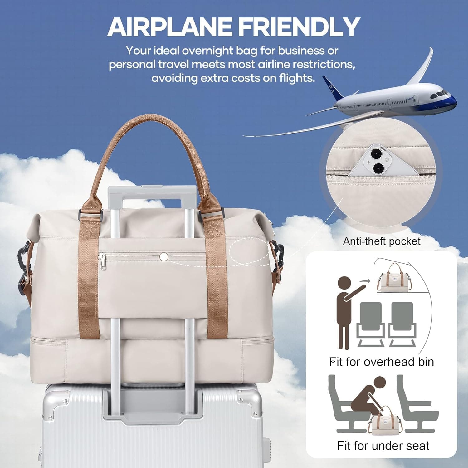 Sac de Voyage 45x36x20 pour Easyjet,Bagage à Main Léger, Sac fourre-Tout de Sport Imperméable pour Week-End avec Compartiment à Chaussures pour Travel Gym Danse,A01-Beige Marron