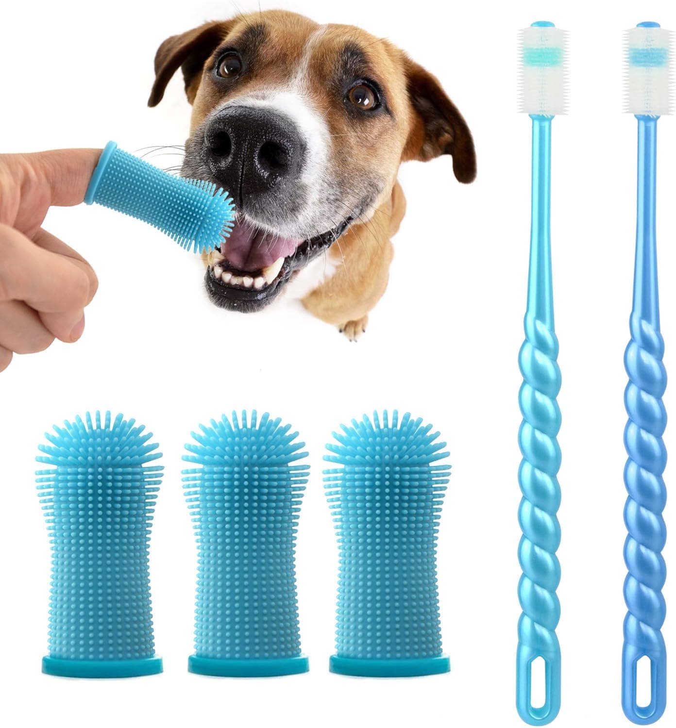 Brosse à Dent Chien, 360° Brosses à Doigts pour Animaux, Rafraîchit l'Haleine & Élimine la Plaque Dentaire, Pour le Nettoyage et le Soin des Dents, Chien Accessoires, Lot de 5 (Bleu)