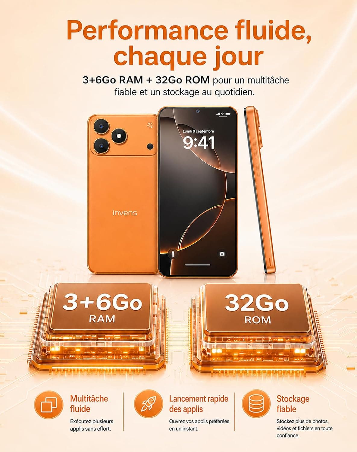 invens Note 15P Téléphone Portable 4G Débloqué, Smartphone Android 16 Go, 9 Go (3+6)+32 Go/256 Go TF, Caméra 16+5 MP, Écran 6,6" HD+, Batterie 3500 mAh, Double SIM, GPS, OTG, USB-C, Face ID, Noir Mat