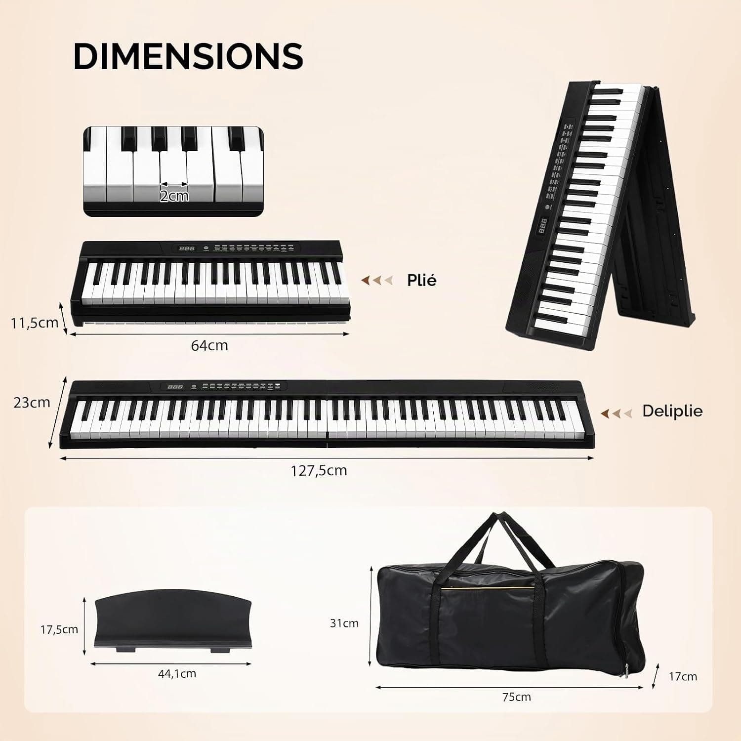 Bonnlo Piano Numérique Pliable GPPS01-106 à 88 touches, Clavier Semi-Lesté Standard, avec MIDI, Bluetooth, Sac à Main et Casque Audio Inclus, Noir