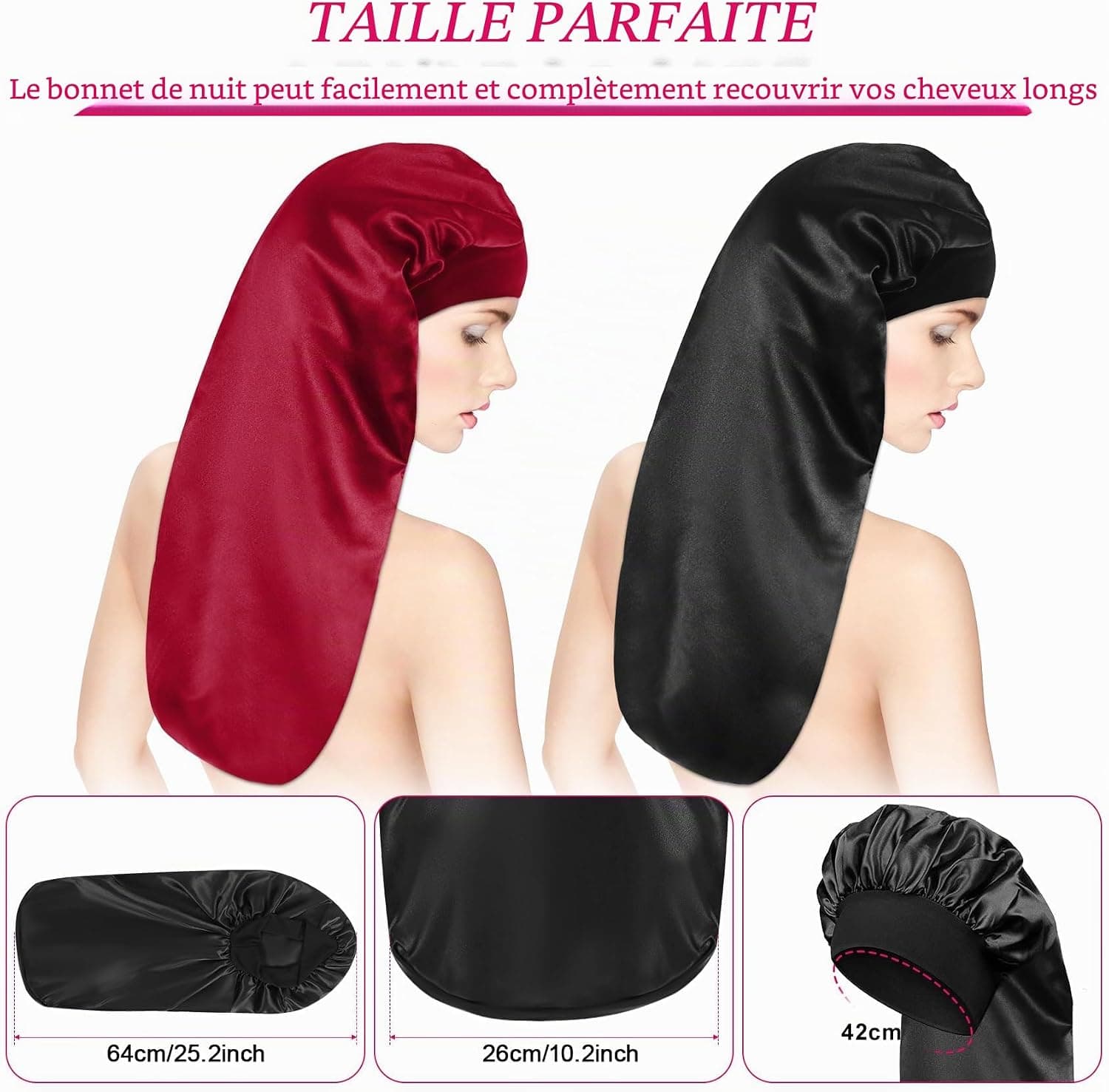 2 Pièces Bonnet long en satin pour fille, Bonnet de Sommeil Chapeau Nuit en Satin à Large Band Élastique Bonnets de Nuit Doux pour Femmes Cheveux Longs Cheveux Bouclés