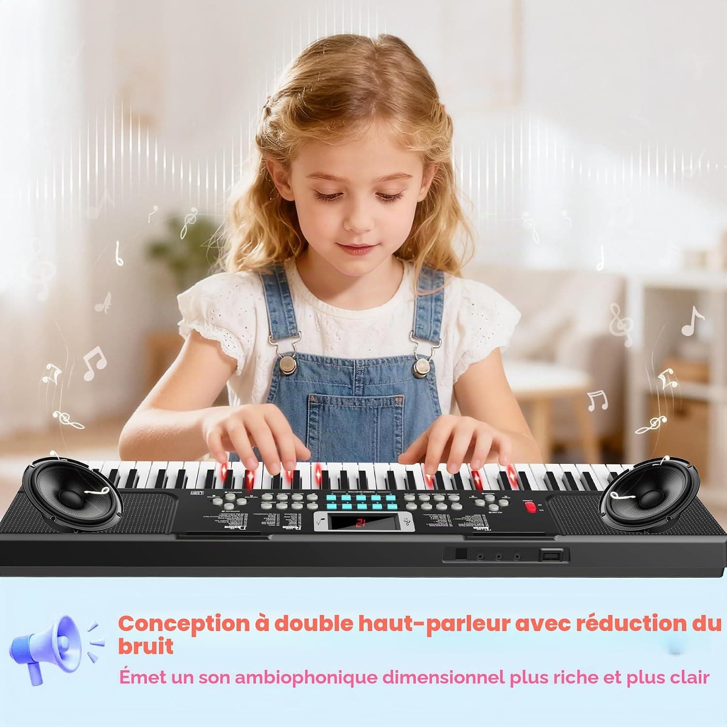 Enfants Piano Clavier 61 Touches Électronique Piano avec Touches Lumineuses | Clavier Musique de Jouets avec Micro, Double Haut-Parleur intégré, Modes d'apprentissage, Pupitre, Piano de 3 4 5 6 7 8 Ans