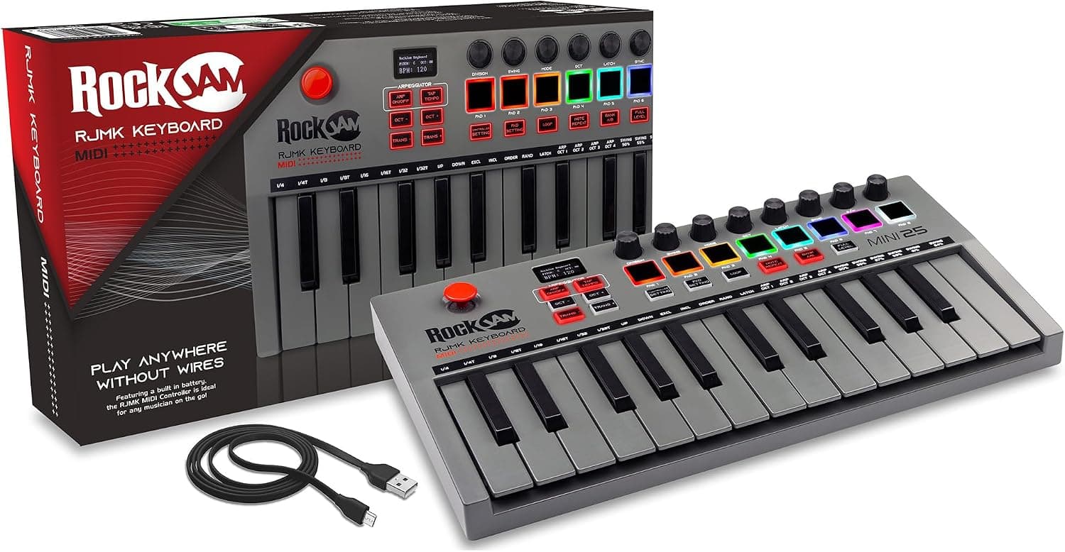 RockJam Go 25 Key USB & Bluetooth MIDI Keyboard Controller With 8 Backlit Drum Pads, 8 Knobs