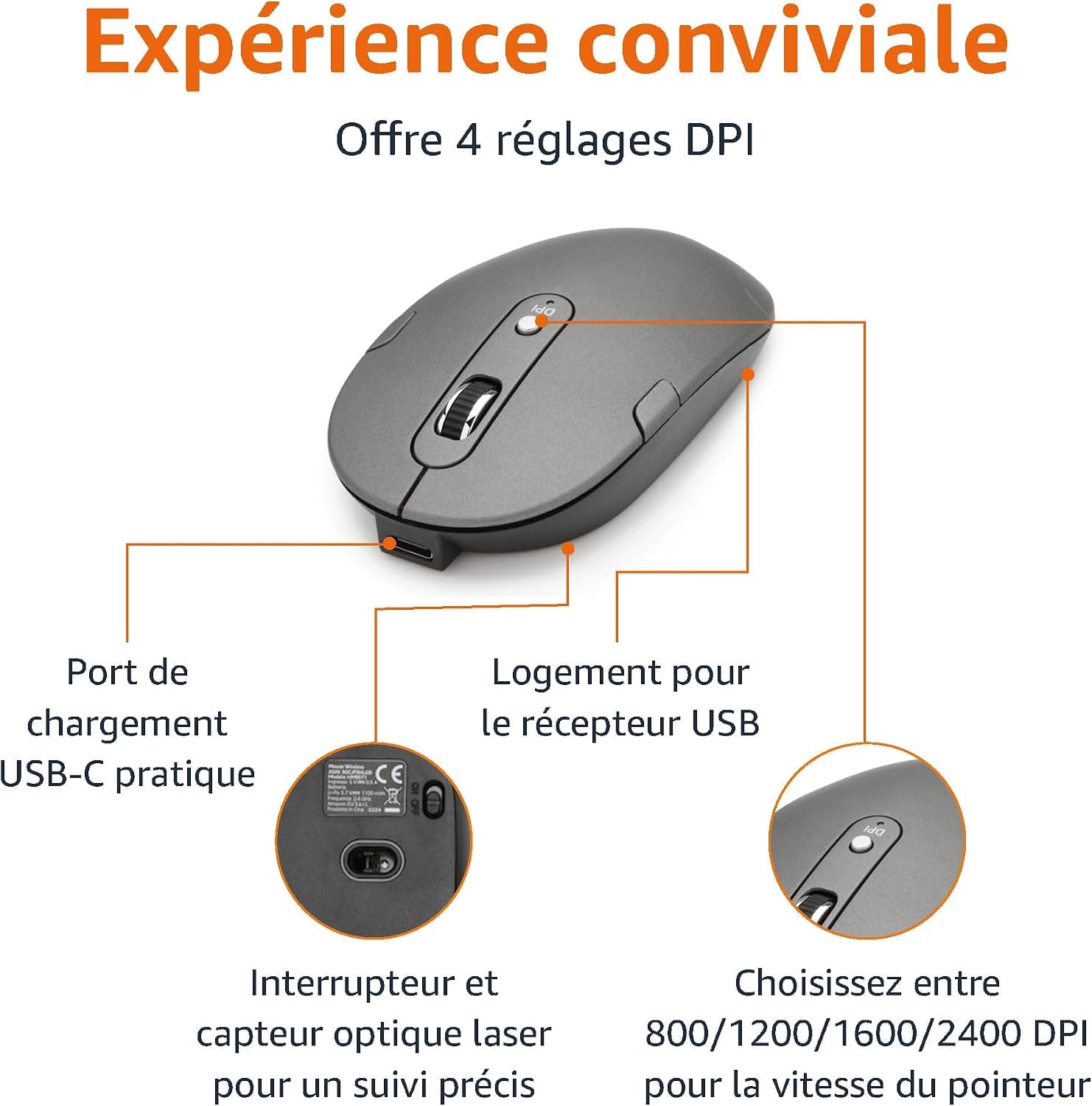 Amazon Basics souris sans fil rechargeable - Clavier complet ultra-mince et silencieux avec pavé numérique, FR Layout Gray, noir